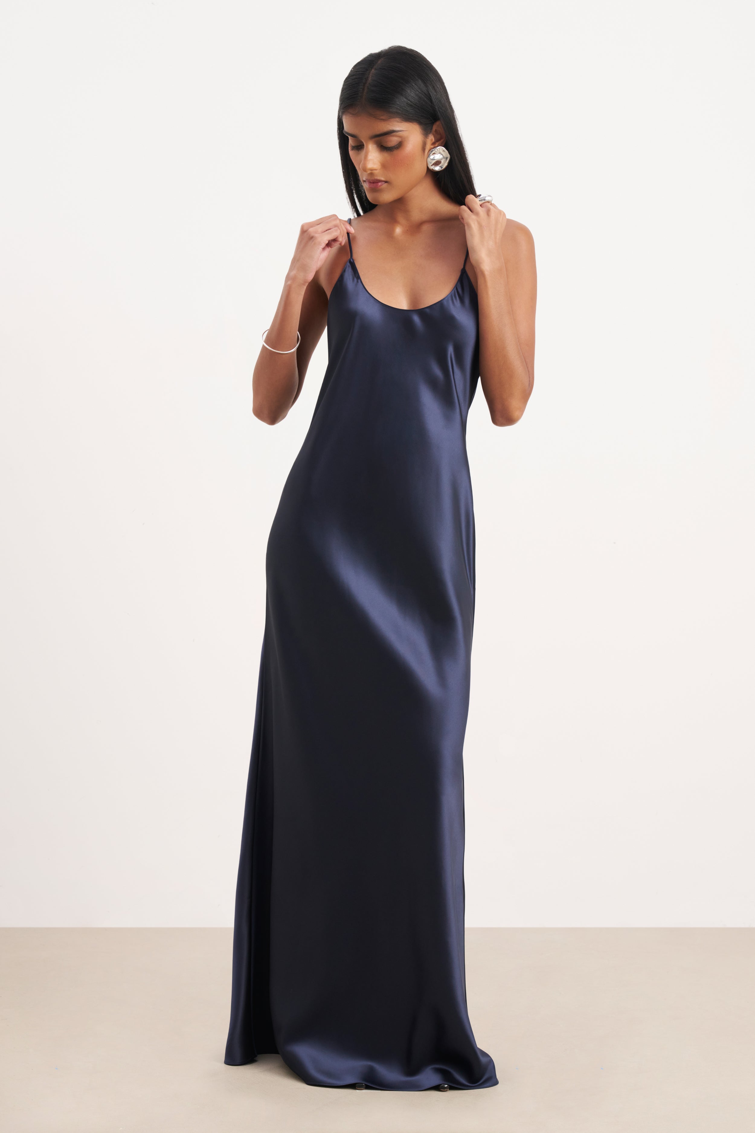 Satin Scoop Neck Camisole Maxi Dress - Navy