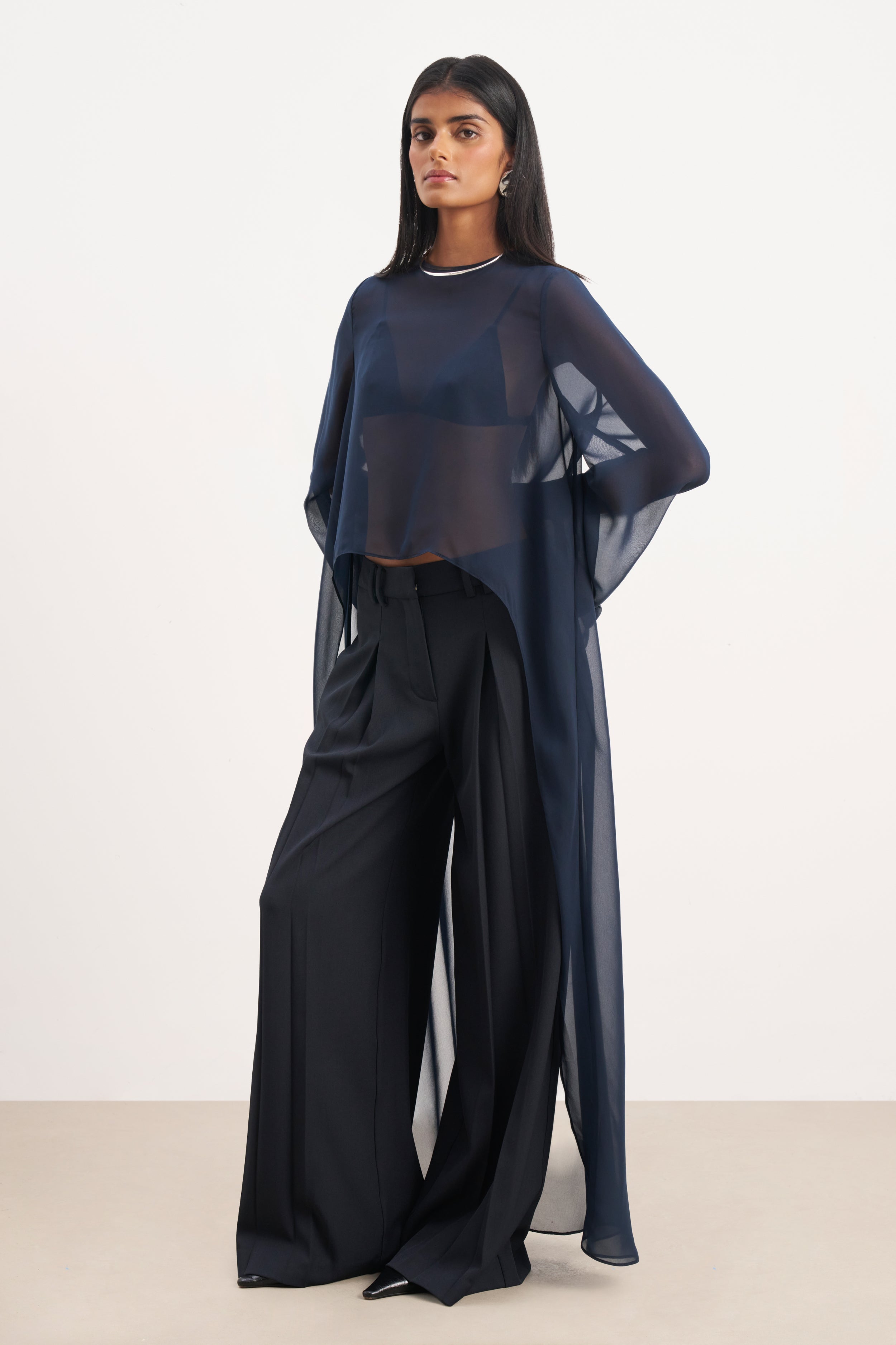 Box Pleat Tailored Wide Leg Trousers - Navy