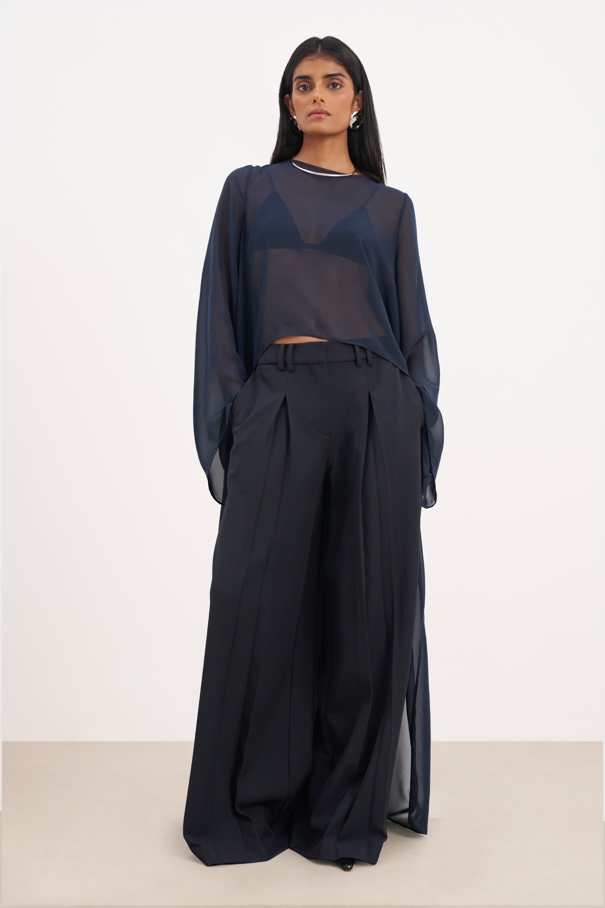 Box Pleat Tailored Wide Leg Trousers - Navy