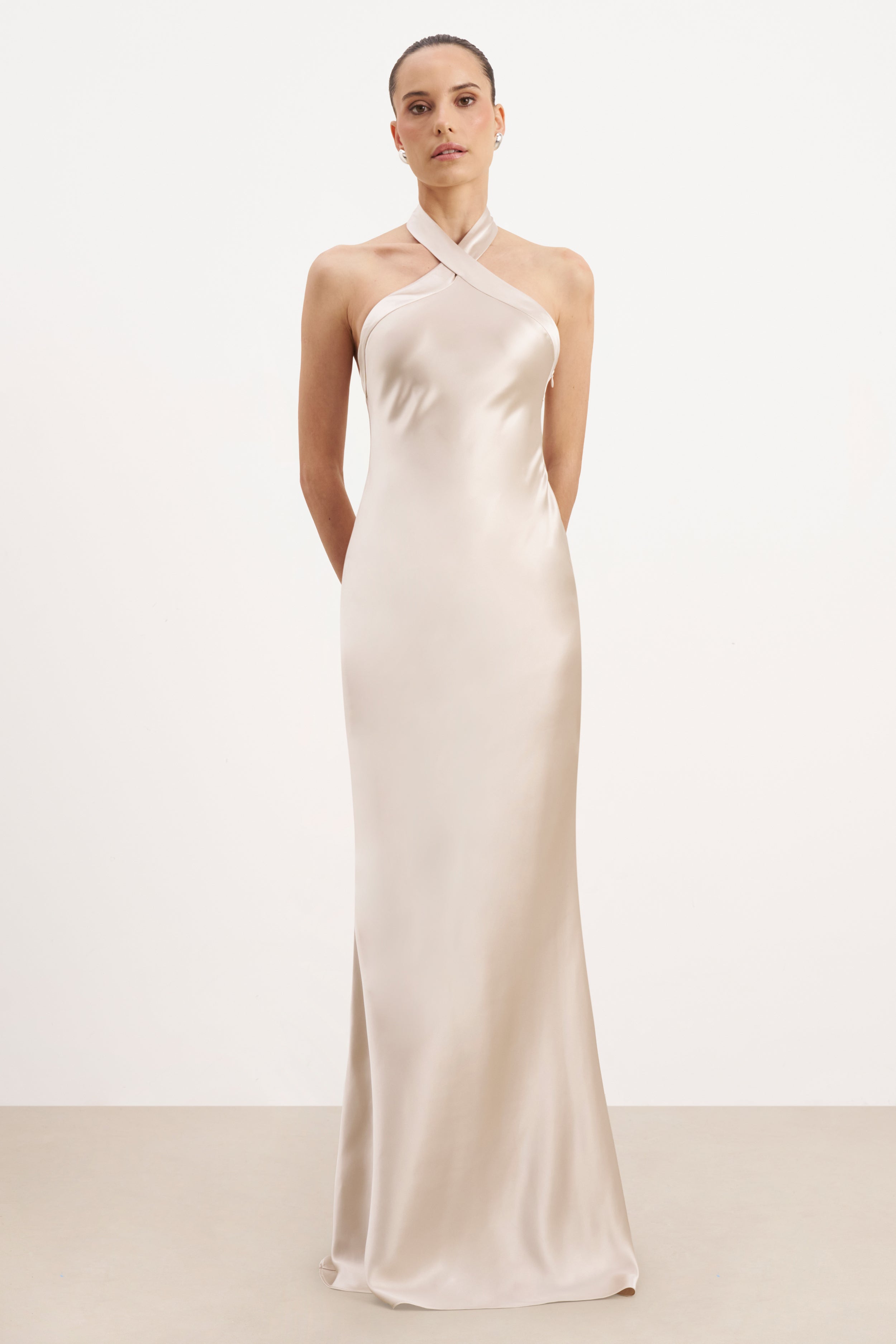 Satin Cross Strap Halter Gown - Champagne