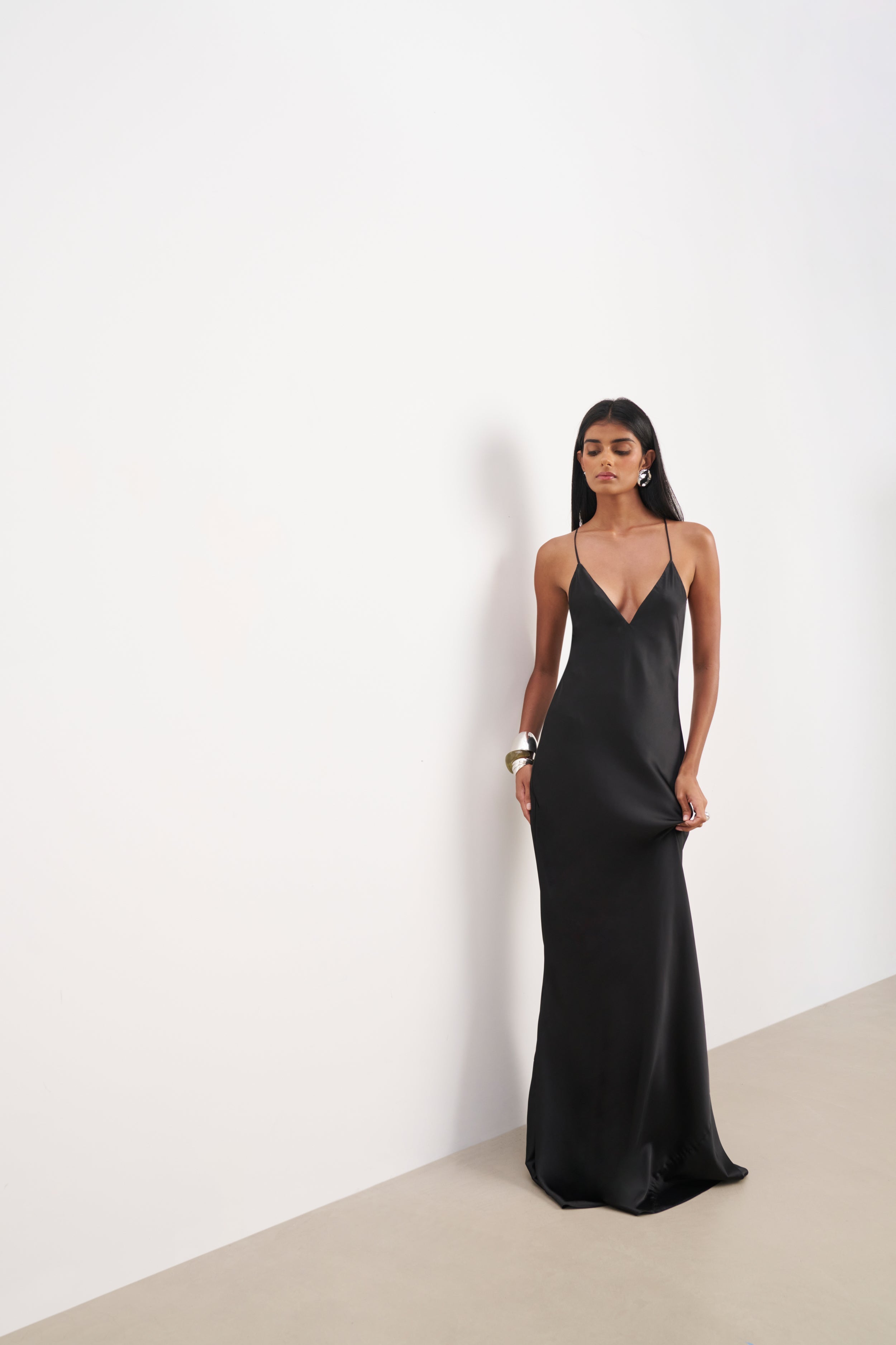 Satin Slinky Cowl Back Gown - Black