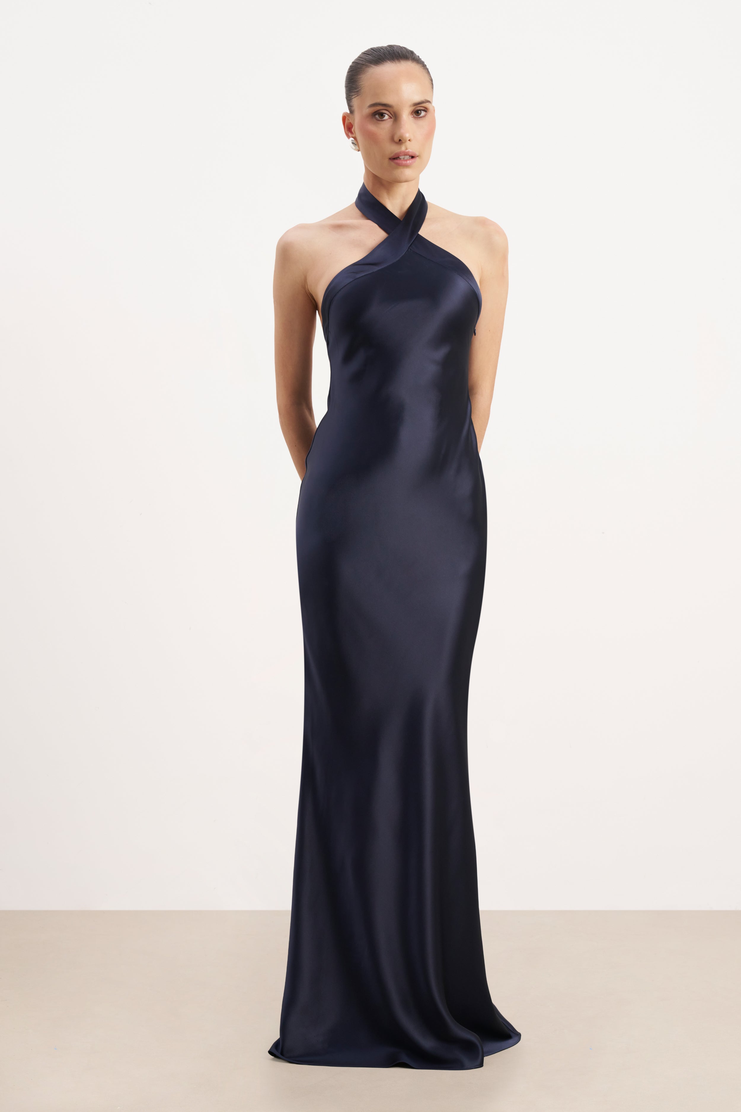 Satin Cross Strap Halter Gown - Navy Satin Cross Strap Halter Gown - Navy