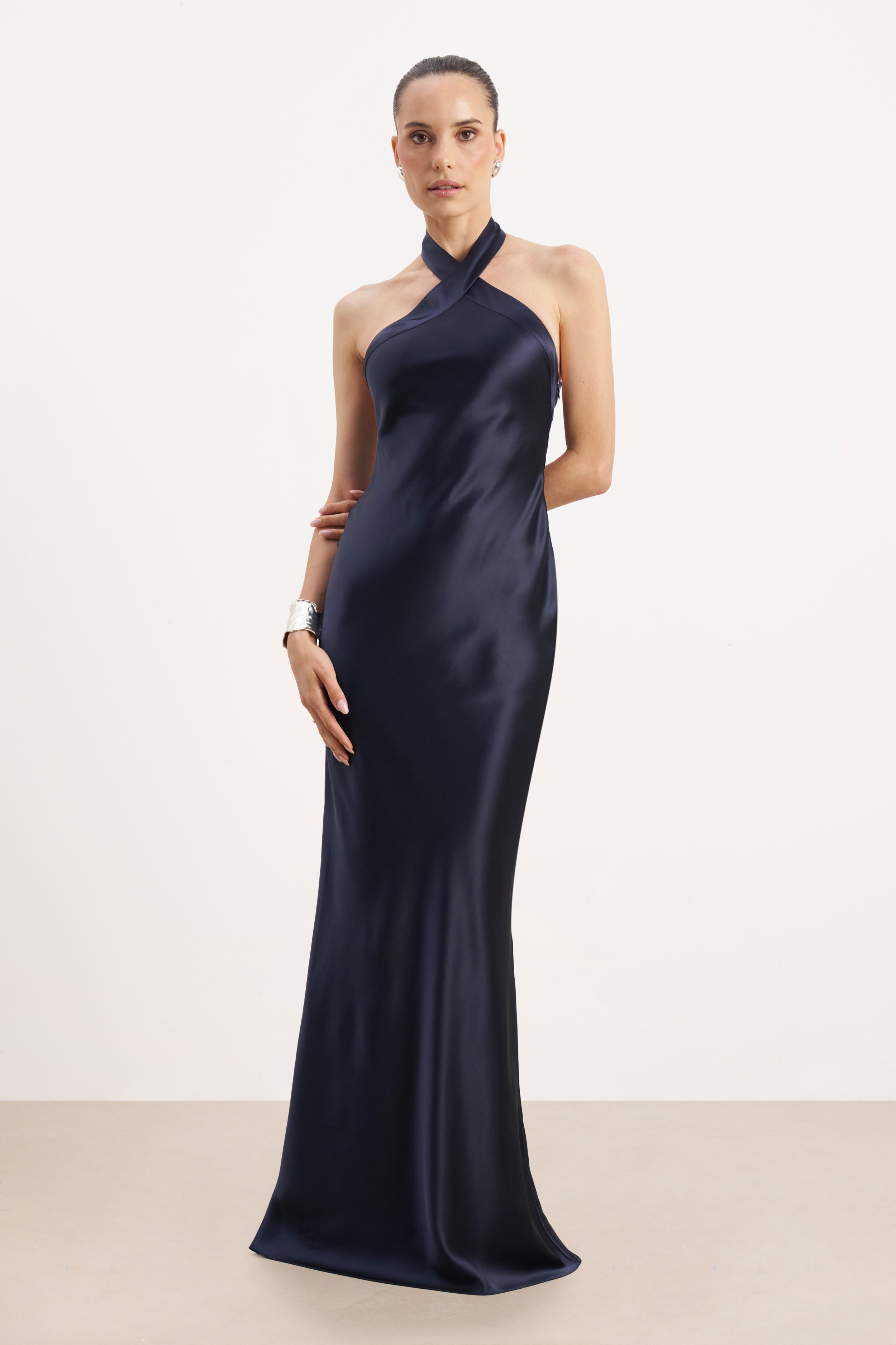 Satin Cross Strap Halter Gown - Navy