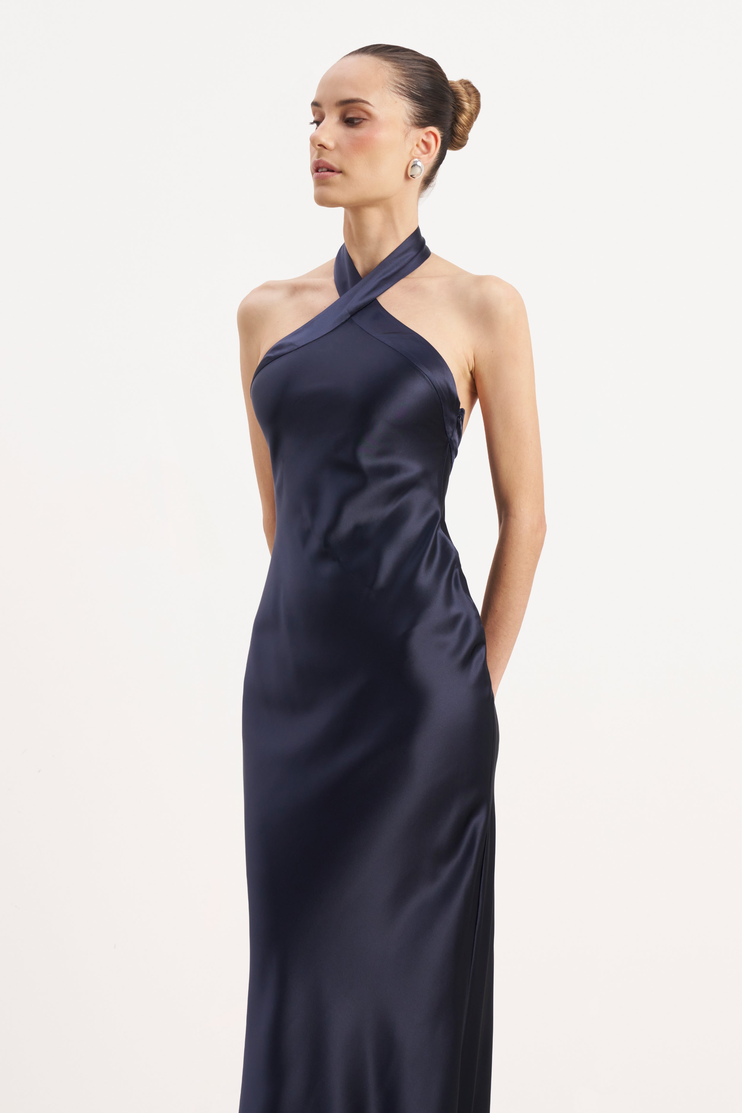 Satin Cross Strap Halter Gown - Navy
