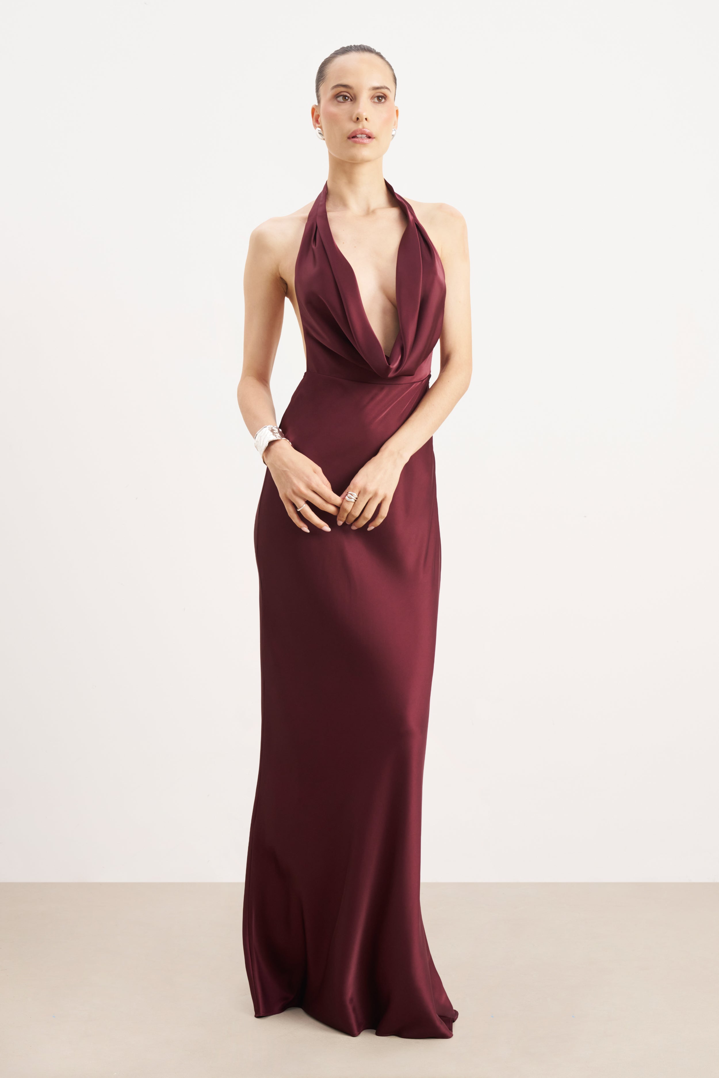 Satin Plunging Cowl Neck Maxi Dress - Mulberry