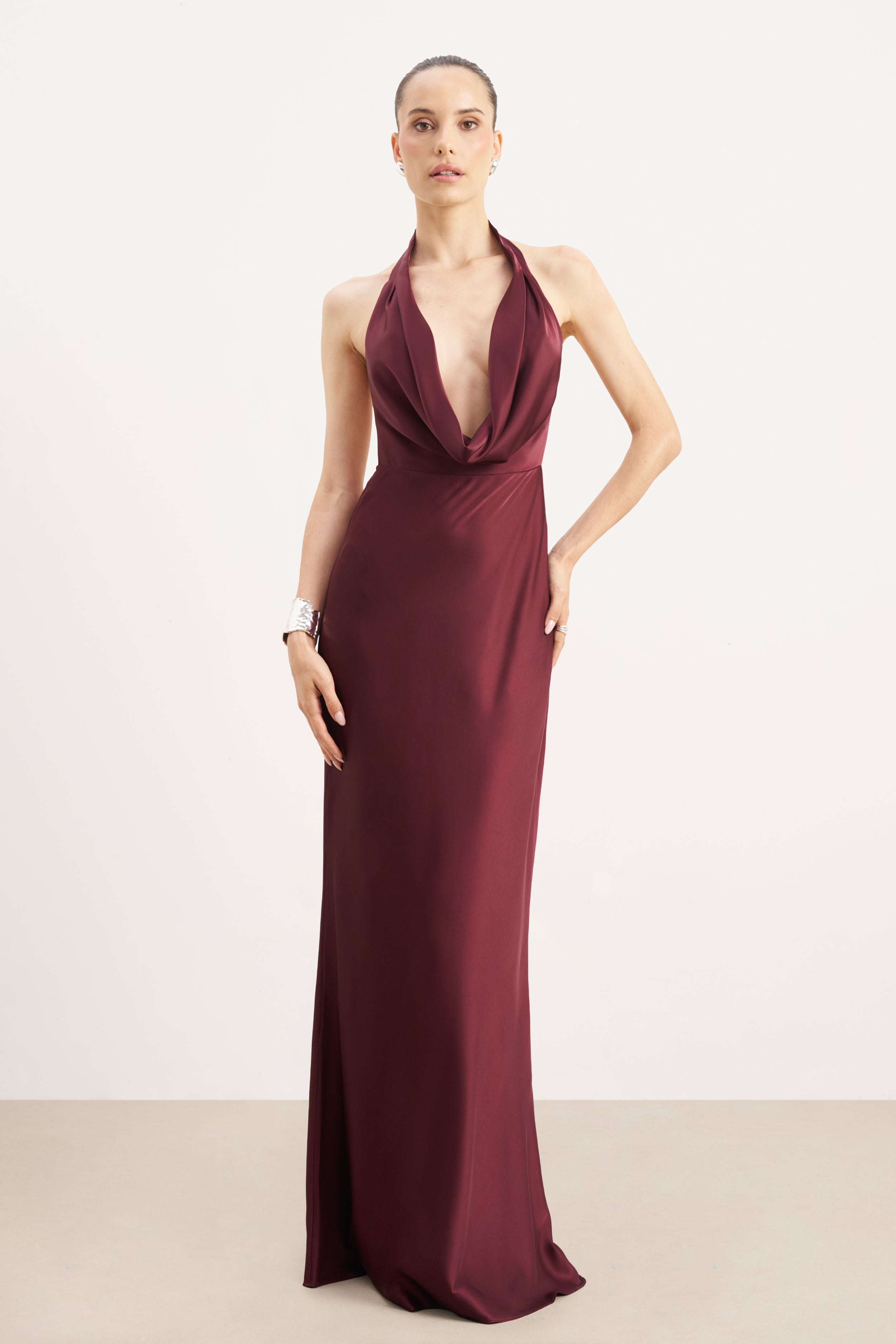 Satin Plunging Cowl Neck Maxi Dress - Mulberry