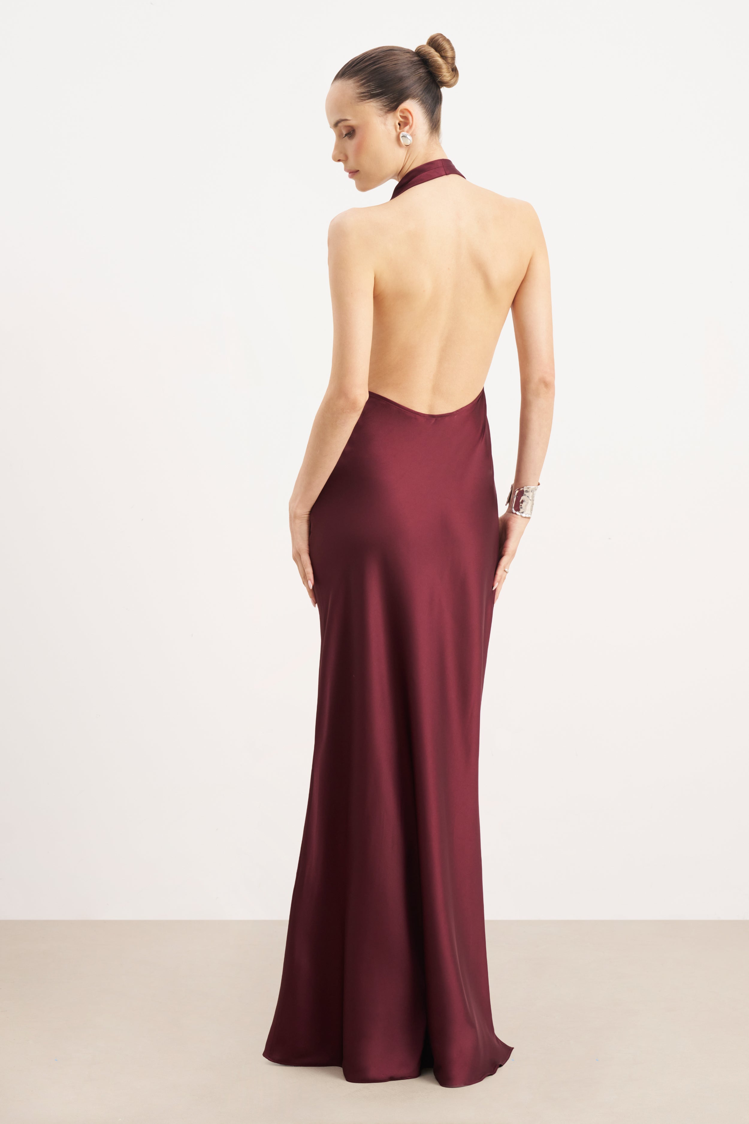 Satin Plunging Cowl Neck Maxi Dress - Mulberry
