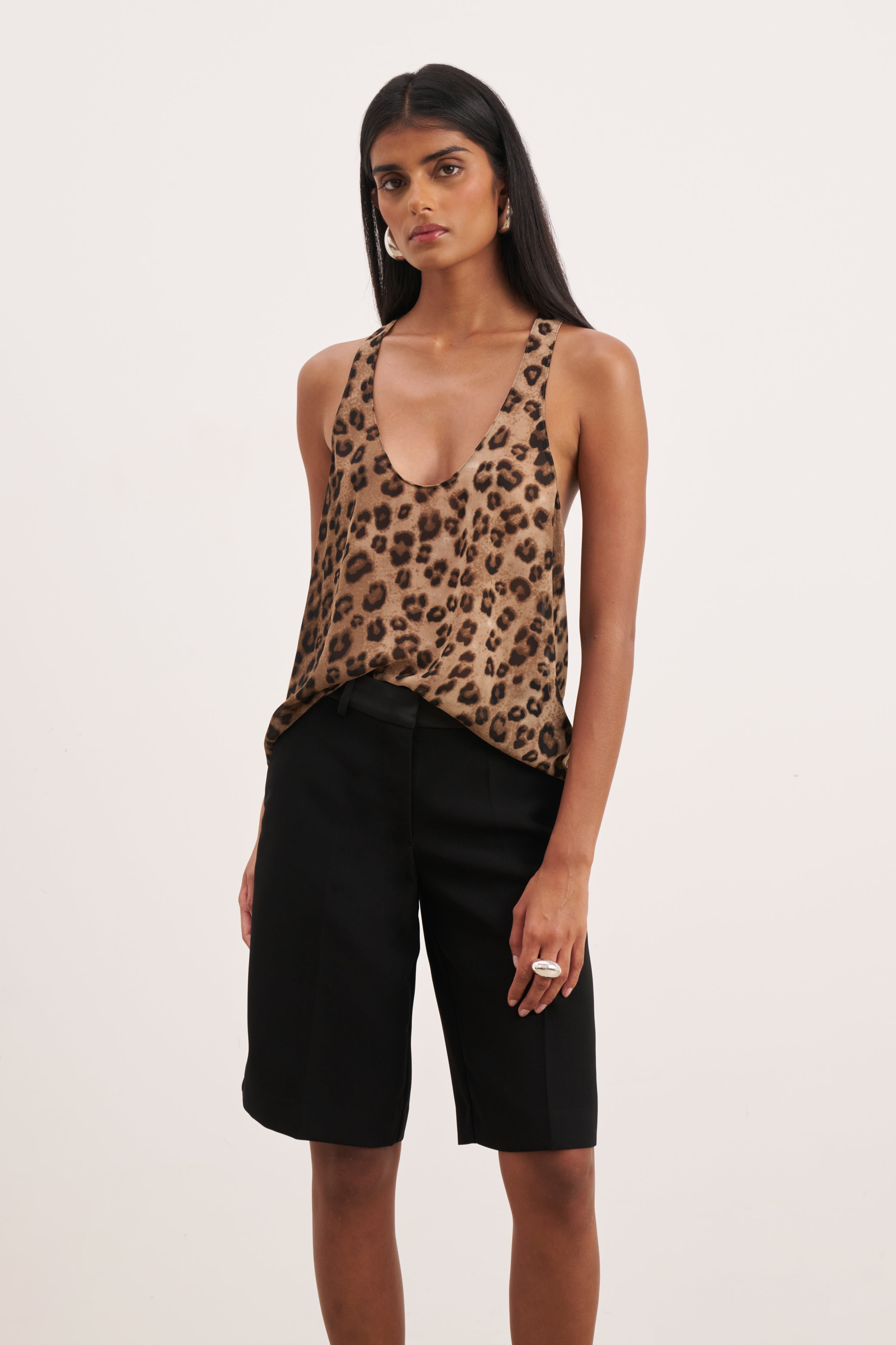 Sheer Plunge U Neck Tank Top - Leopard Print