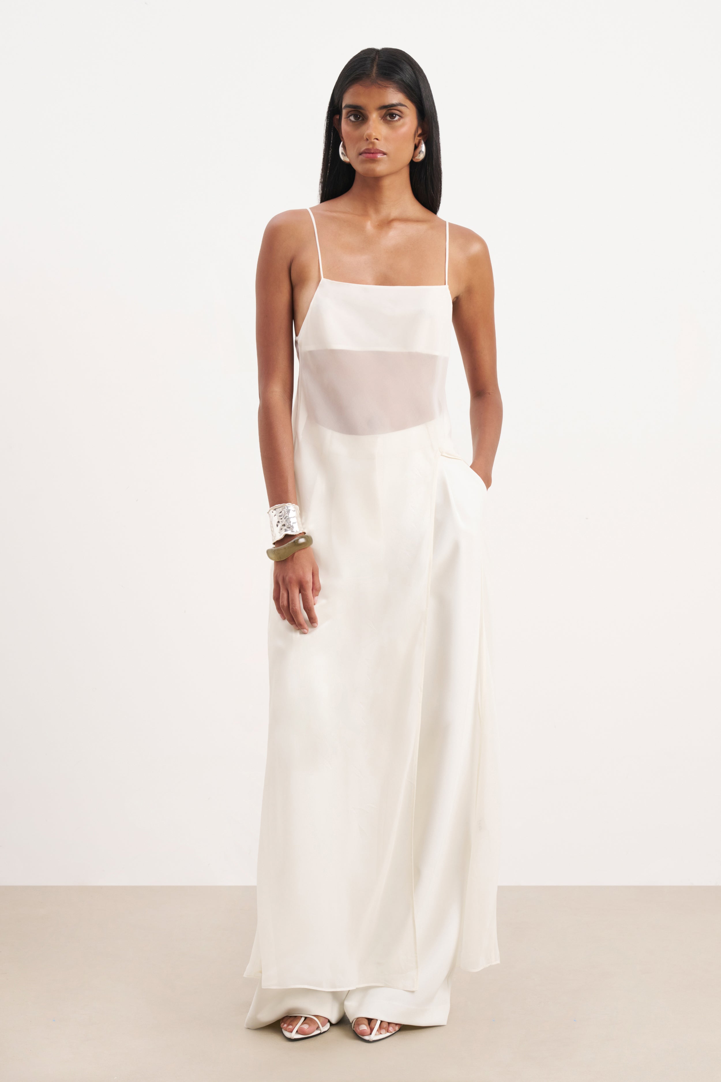 Sheer Chiffon Longline Camisole - Cream