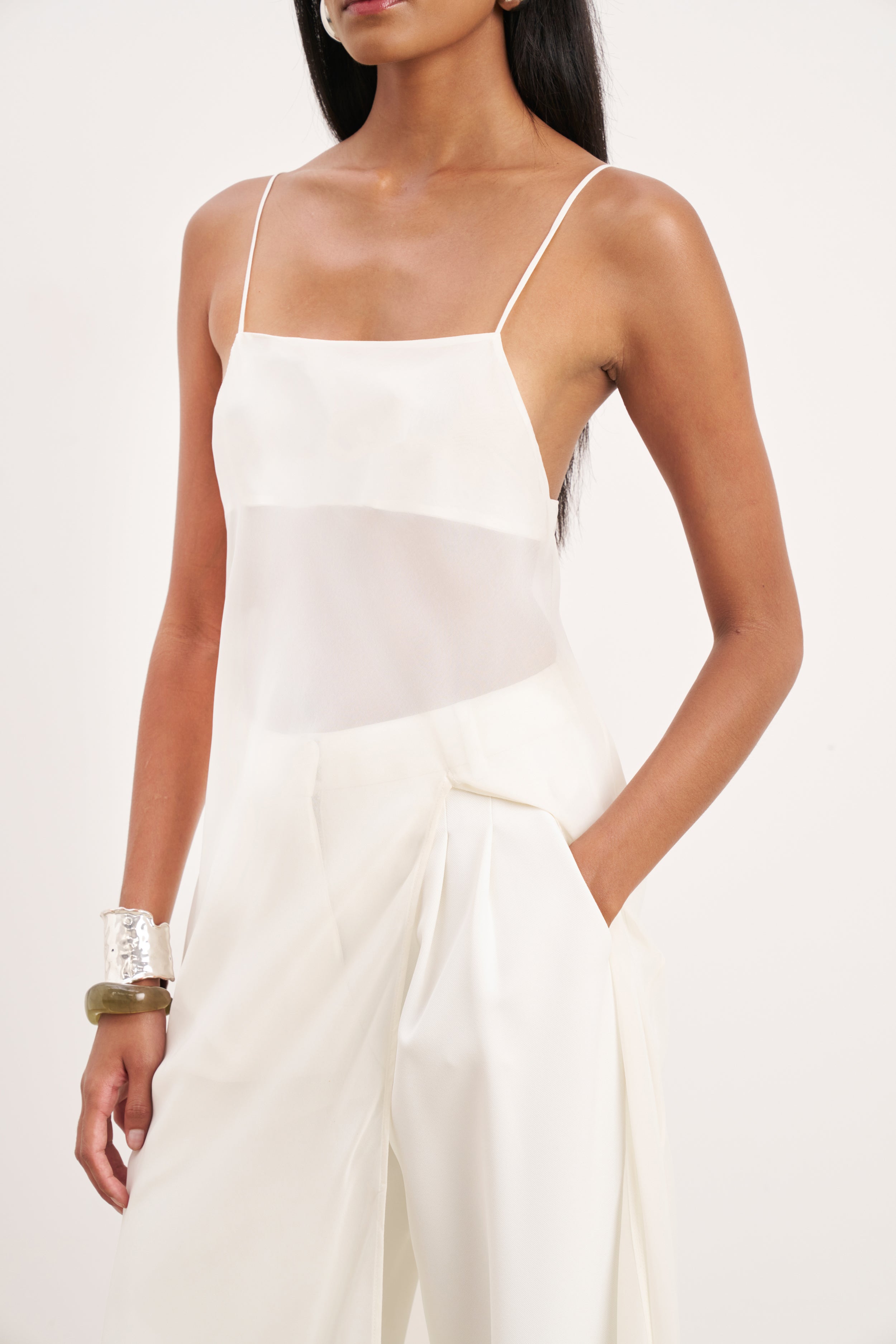 Sheer Chiffon Longline Camisole - Cream