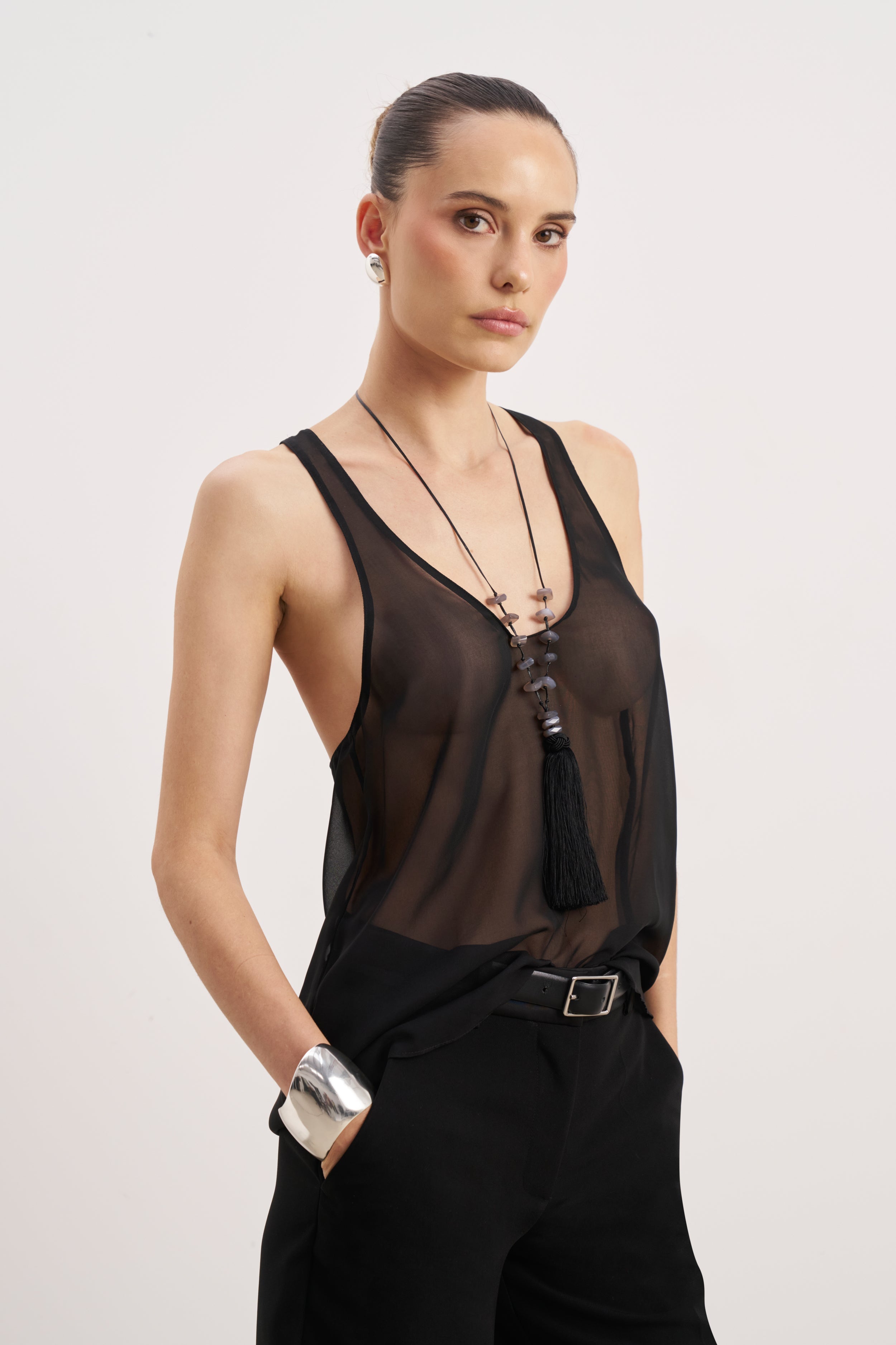 Sheer Plunge U Neck Tank Top - Black