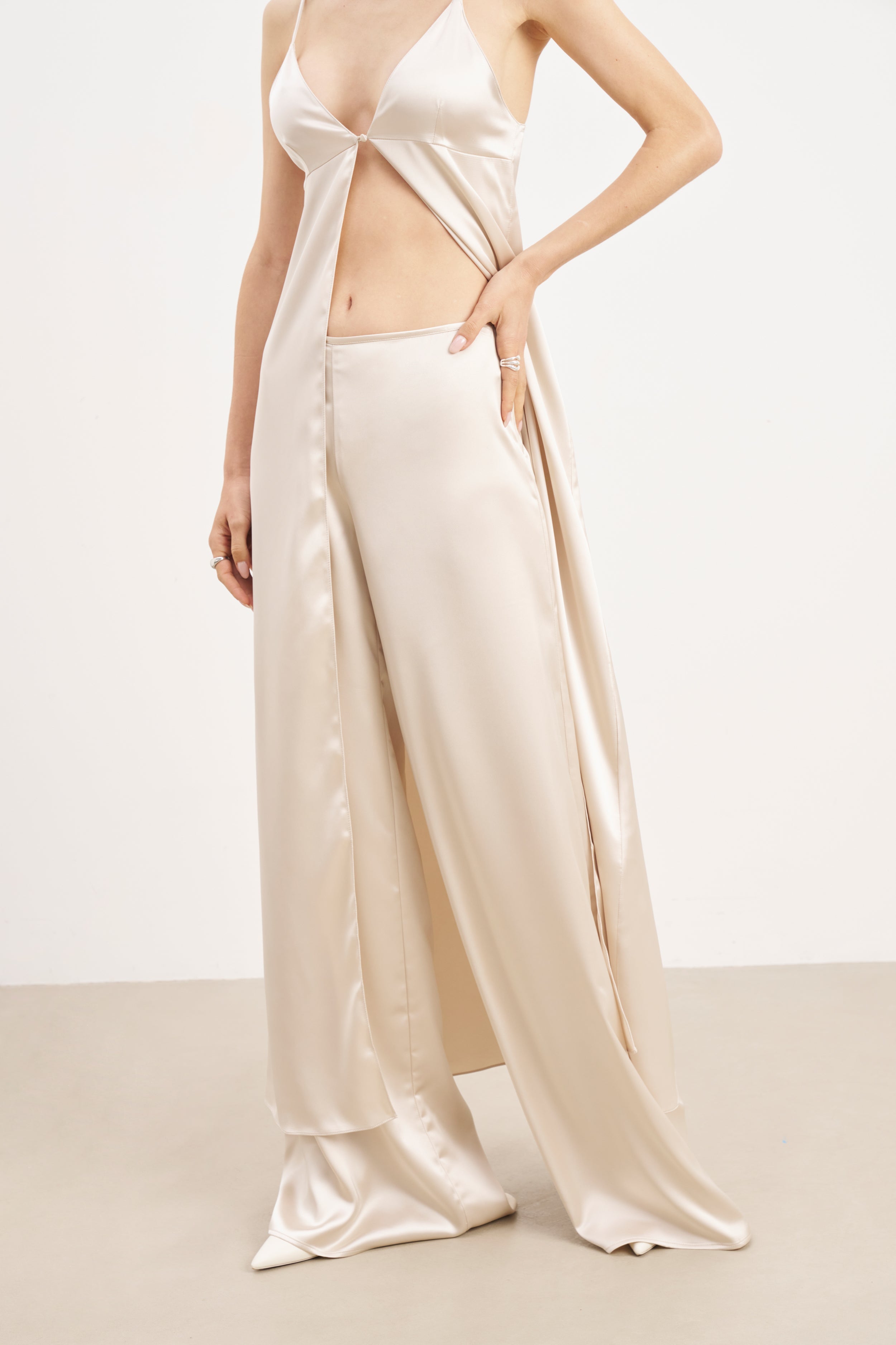 Formal Satin Ultra Wide Leg Trousers - Champagne