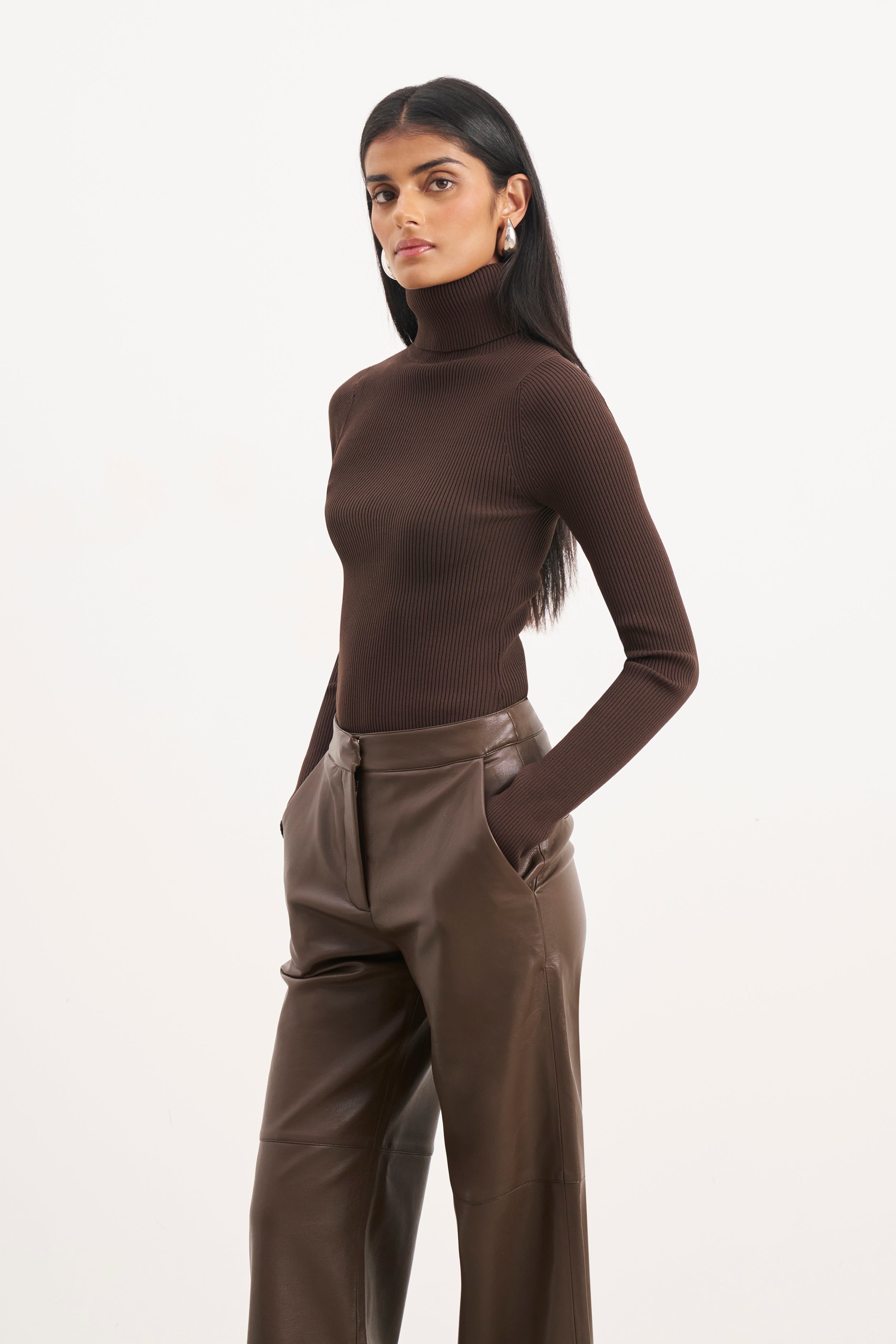 Tailored Leather Wide Leg Trousers - Carob