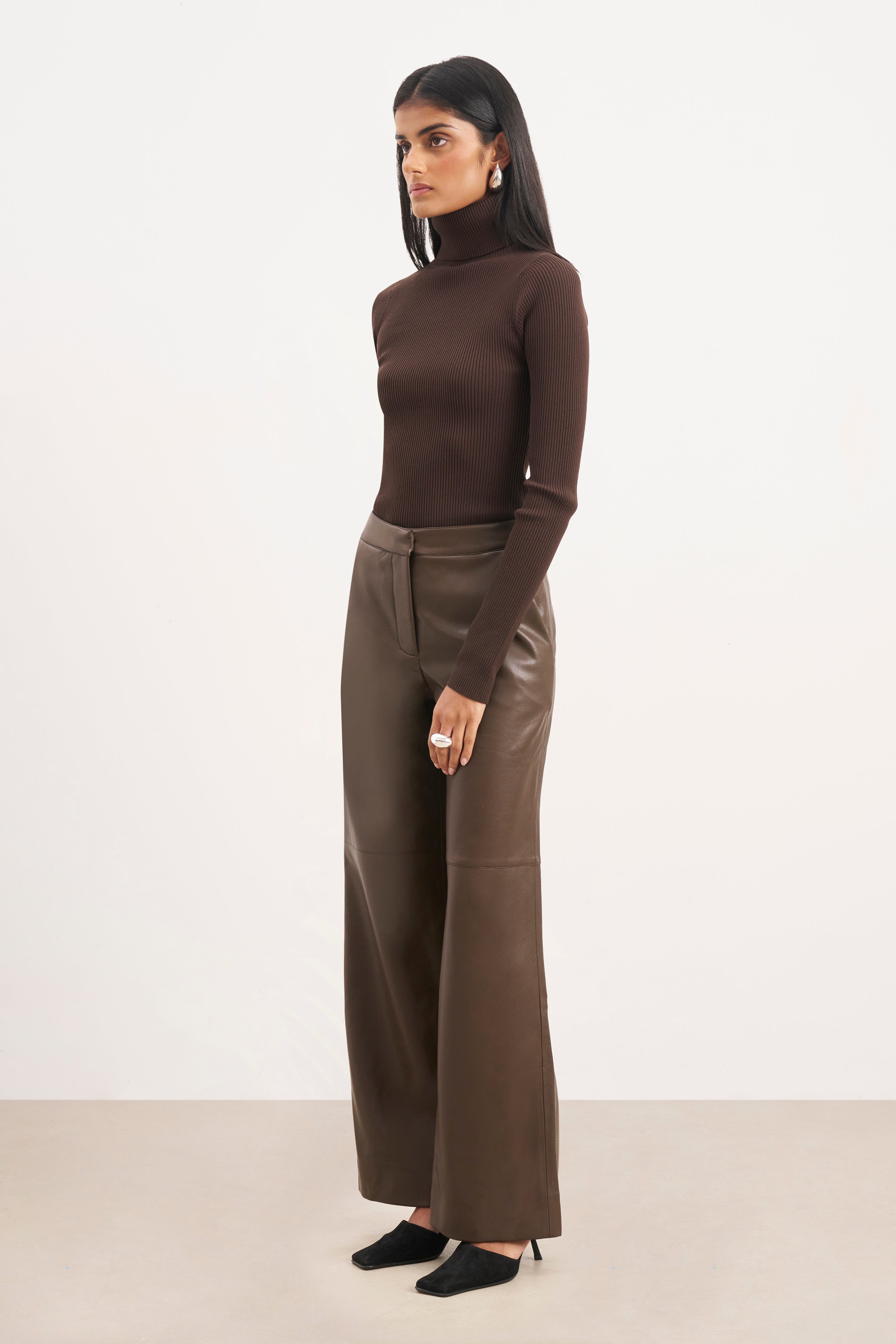 Tailored Leather Wide Leg Trousers - Carob