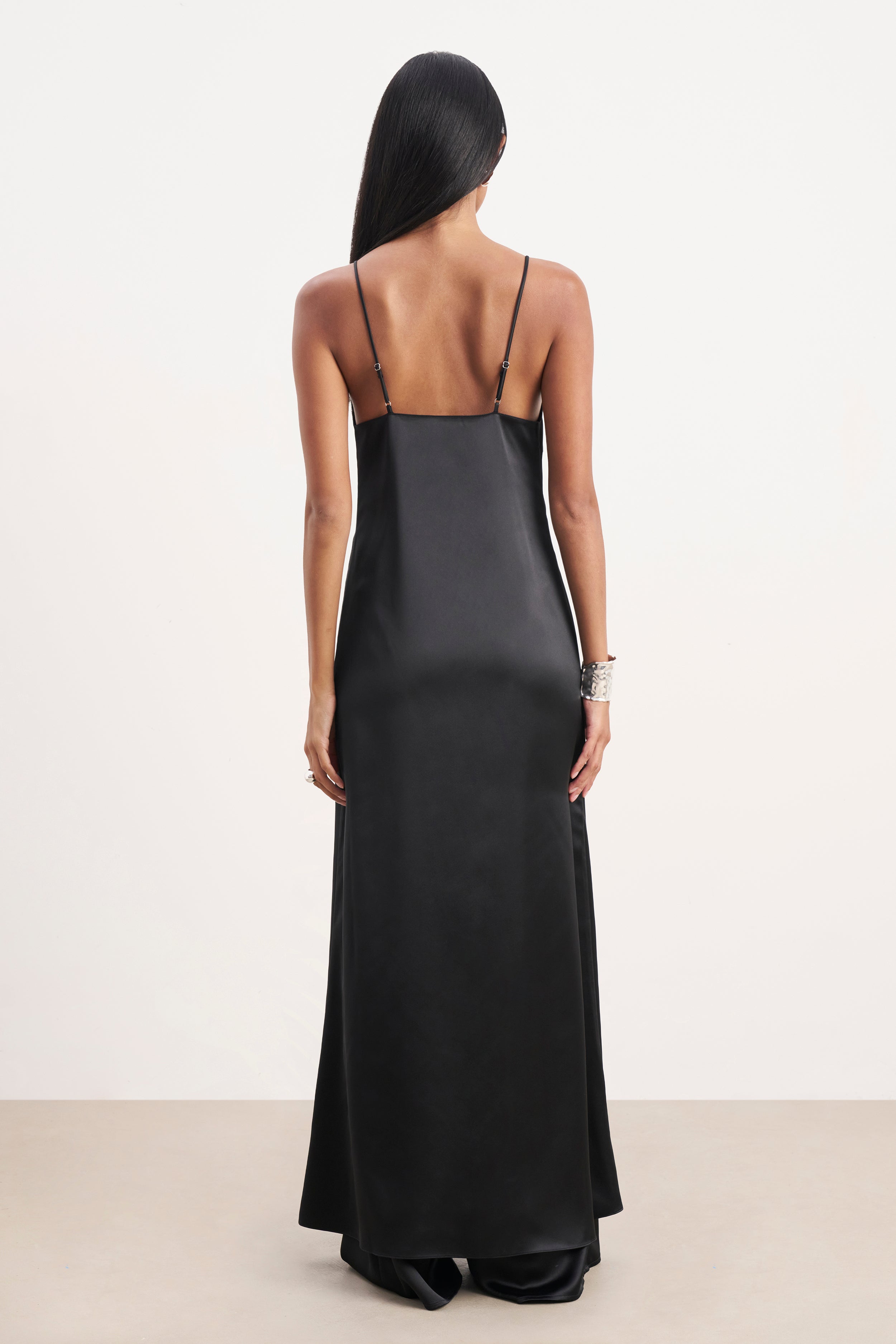 Satin V Neck Longline Camisole - Black