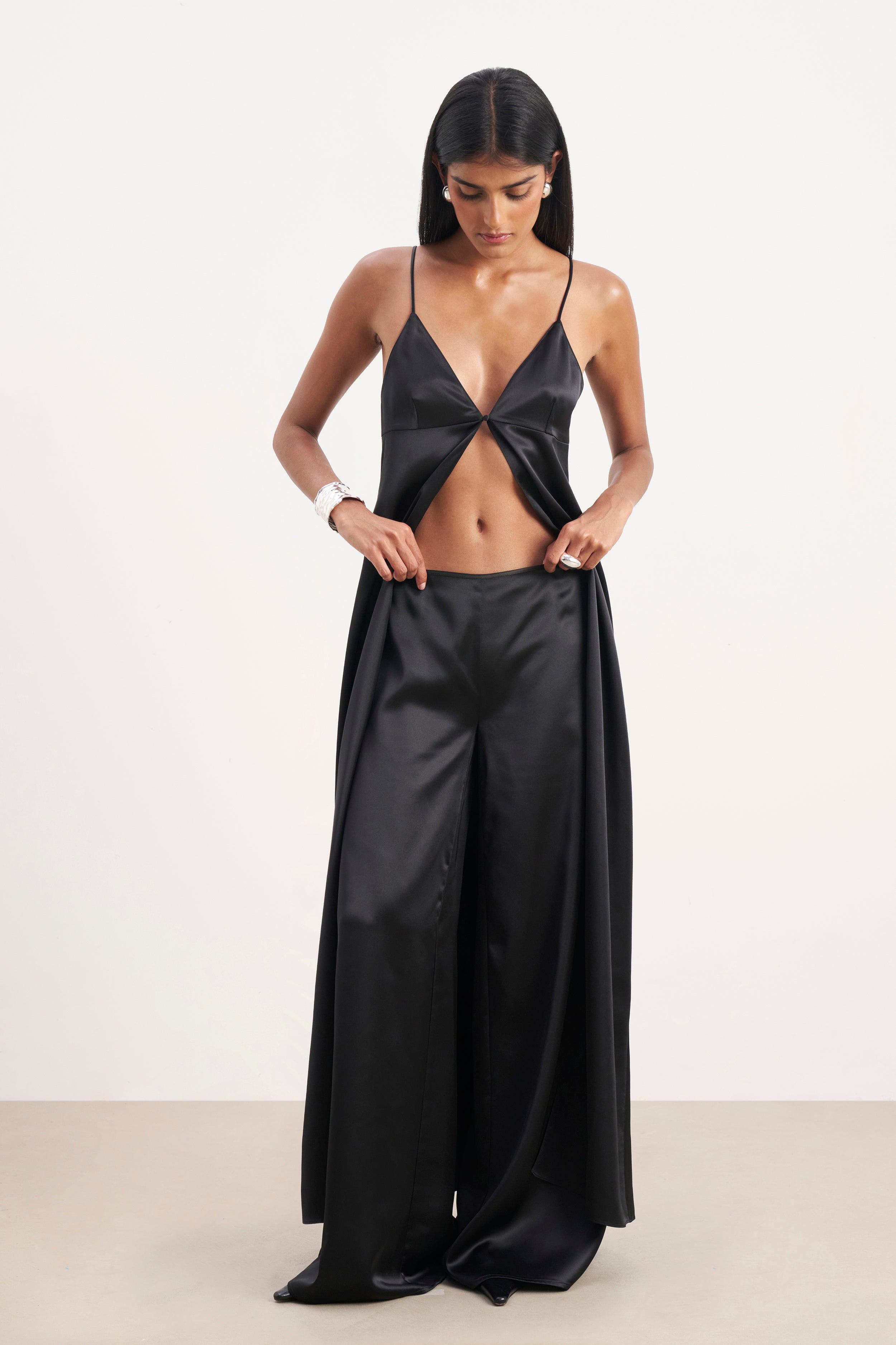 Formal Satin Ultra Wide Leg Trousers - Black