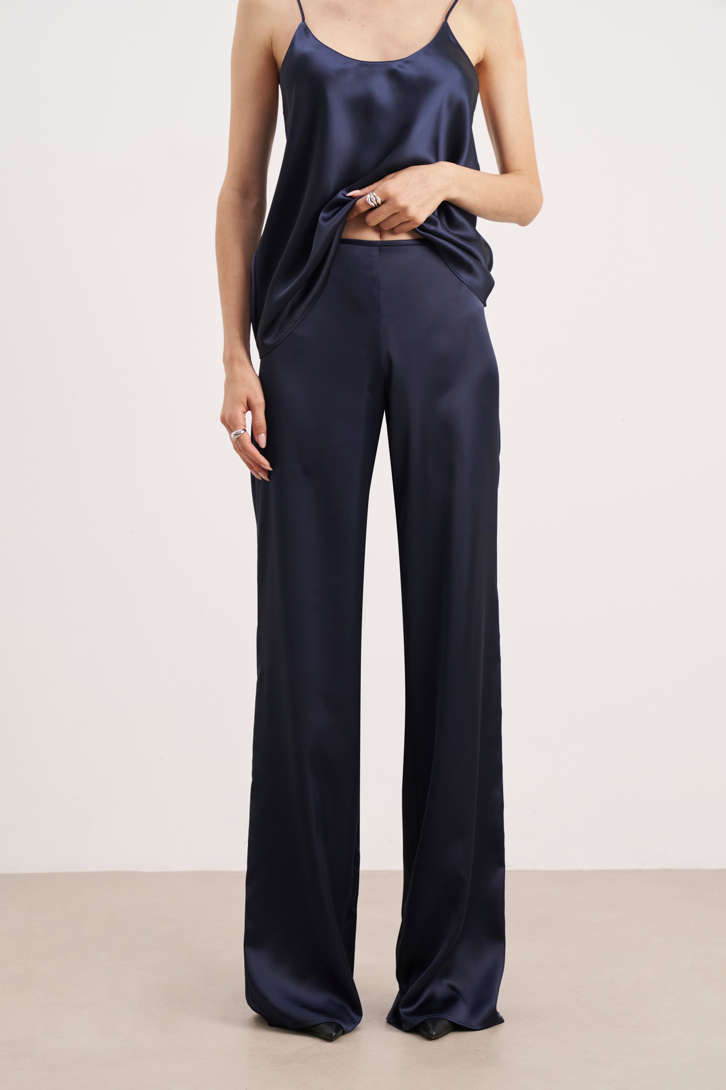 Formal Satin Straight Leg Trousers - Navy