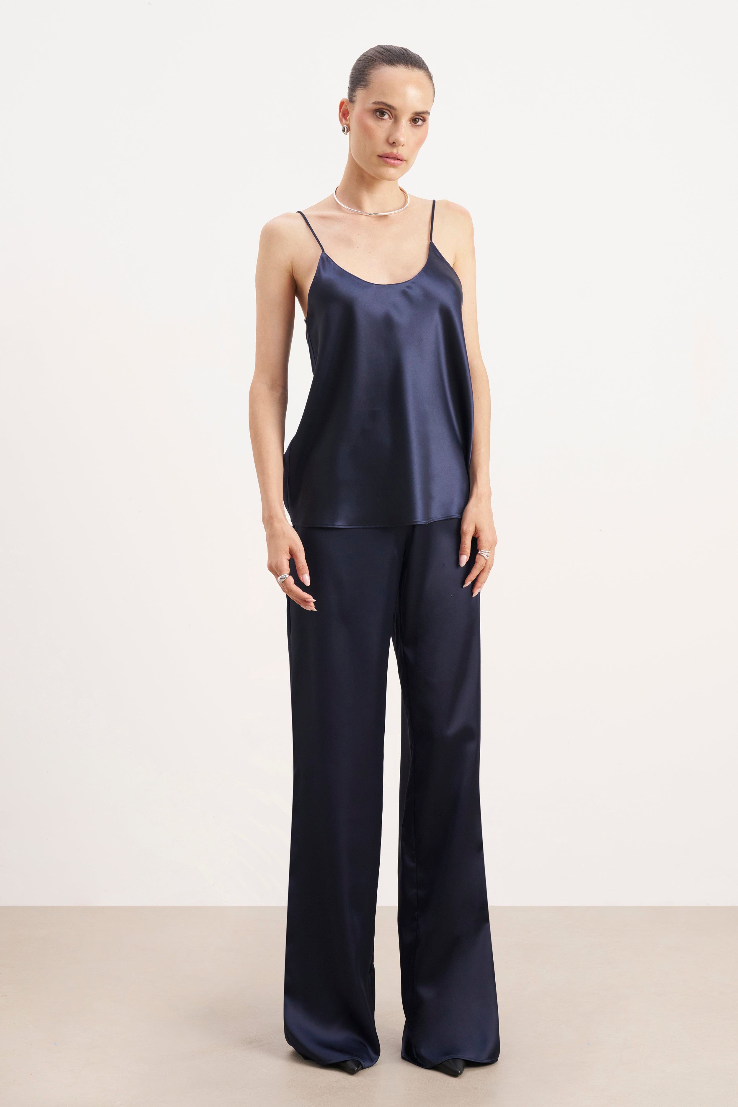 Formal Satin Straight Leg Trousers - Navy