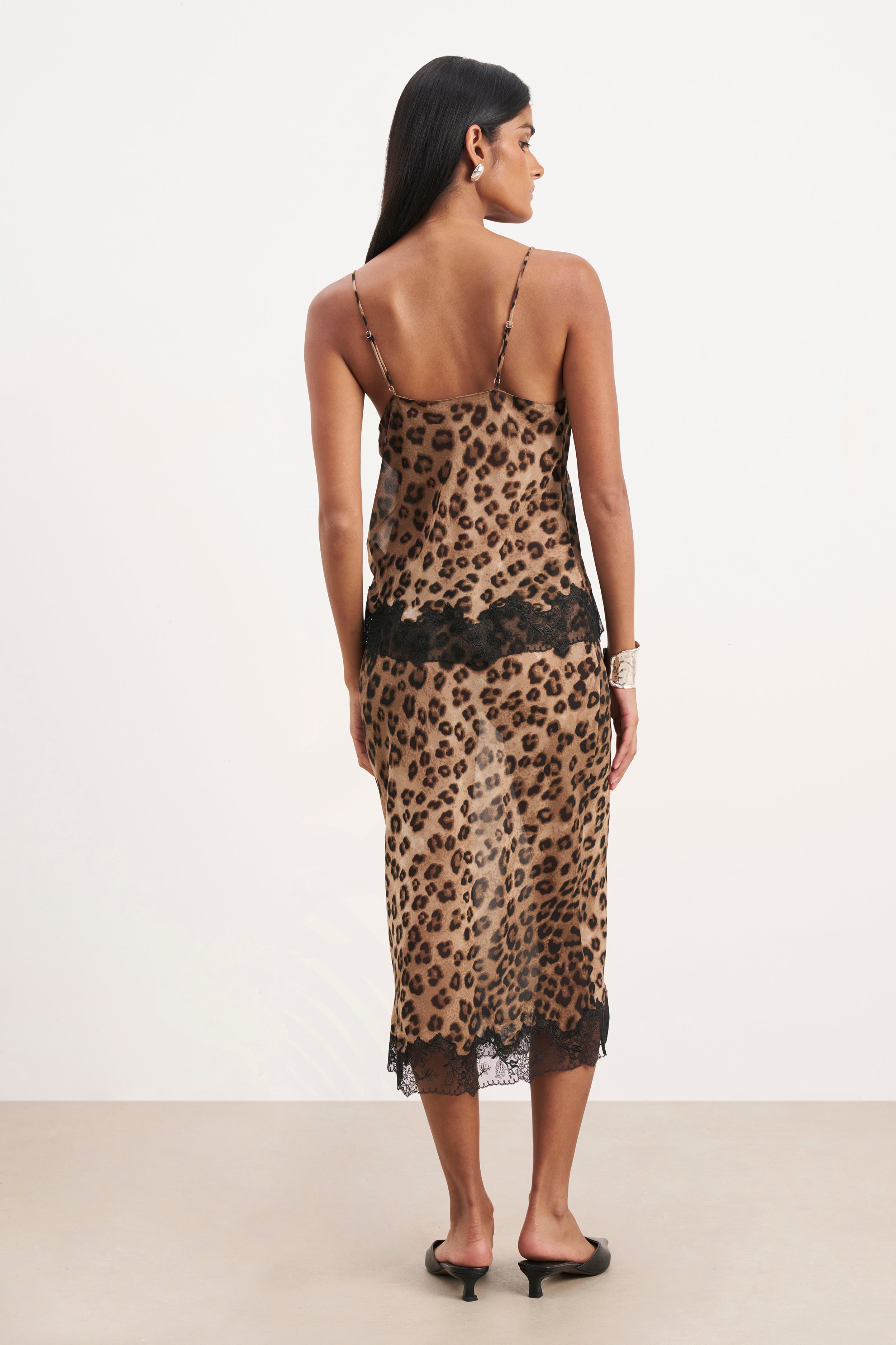 Chiffon Lace Detail Midi Skirt - Leopard Print