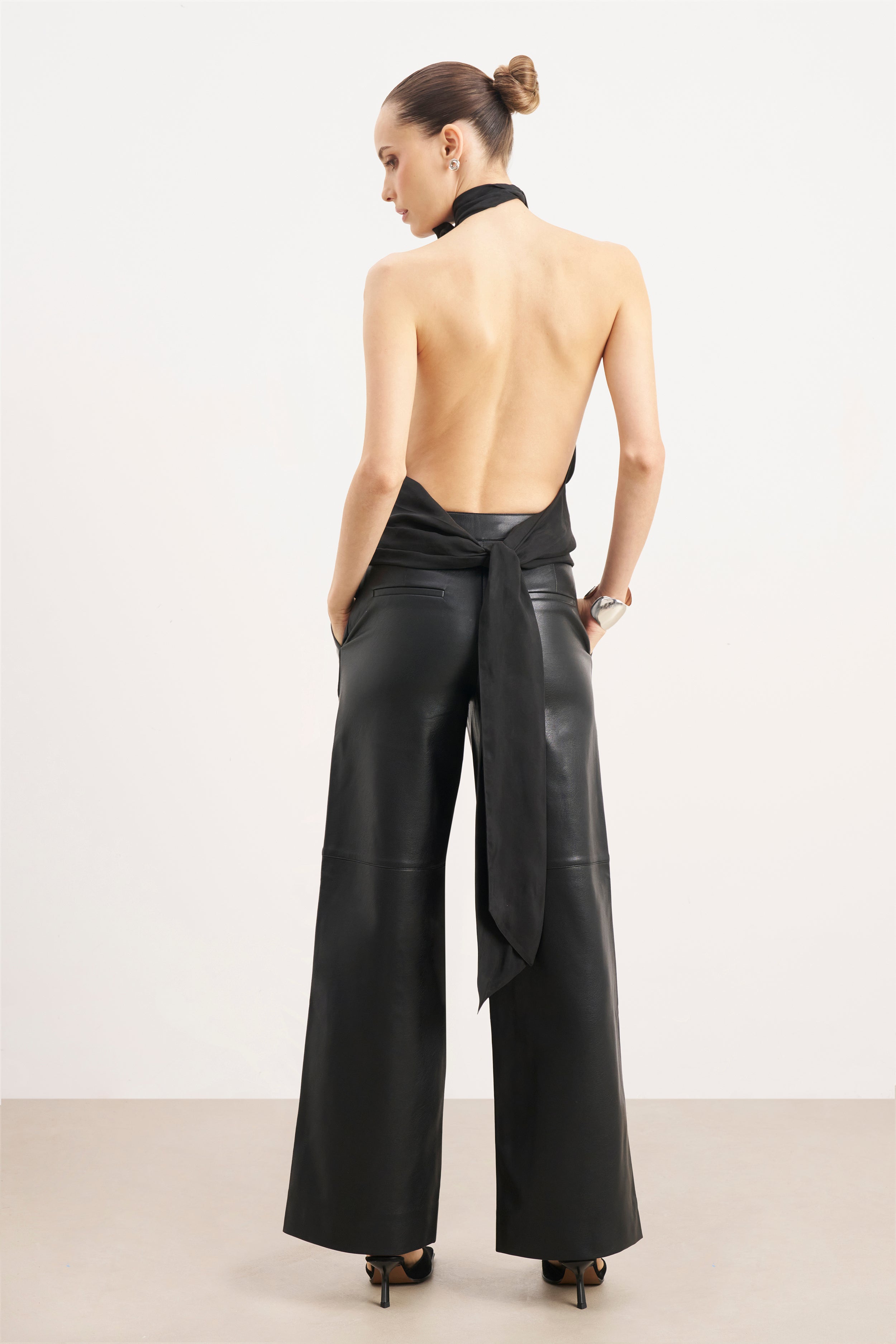 Tailored Leather Wide Leg Trousers - Black