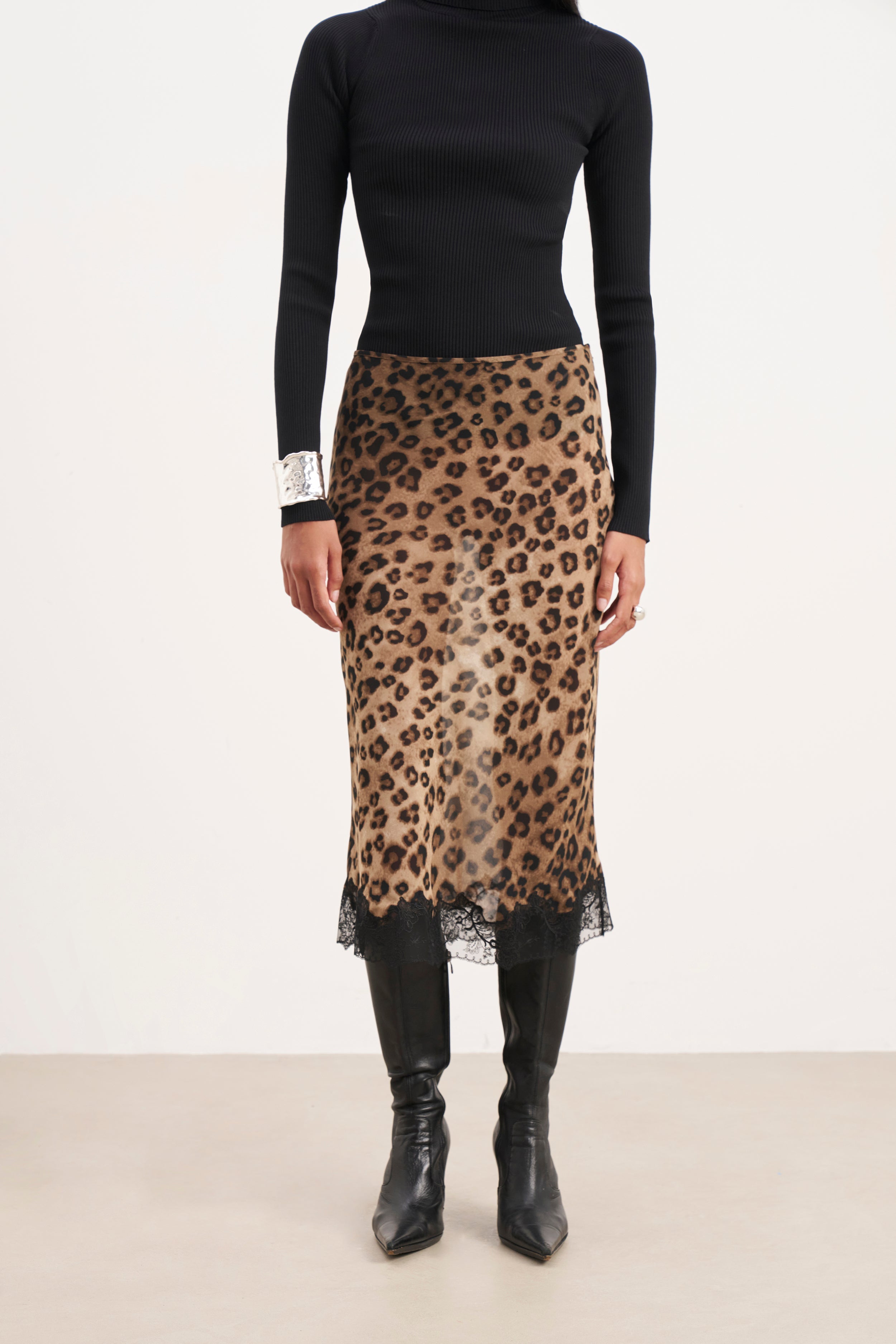 Chiffon Lace Detail Midi Skirt - Leopard Print
