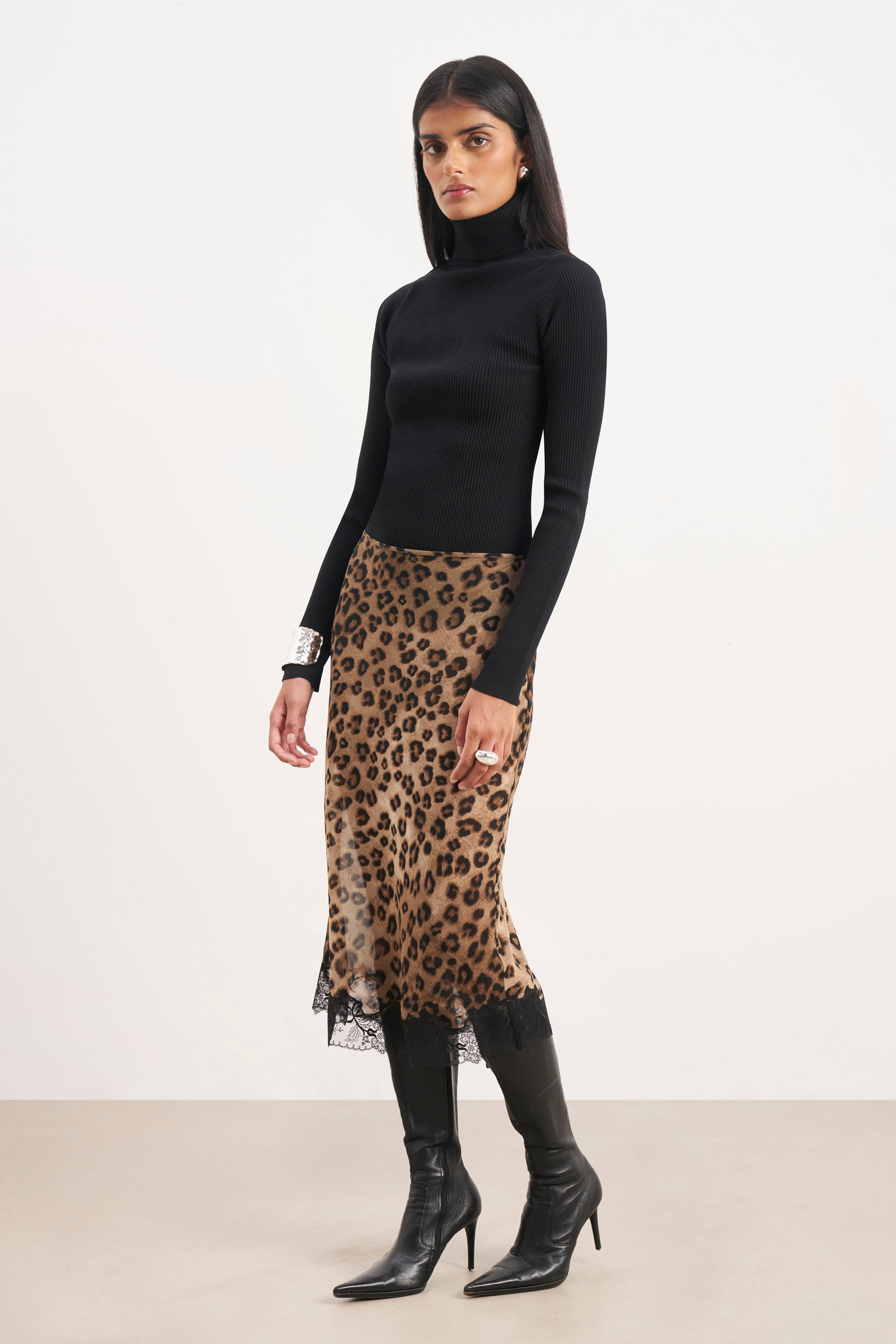 Chiffon Lace Detail Midi Skirt - Leopard Print