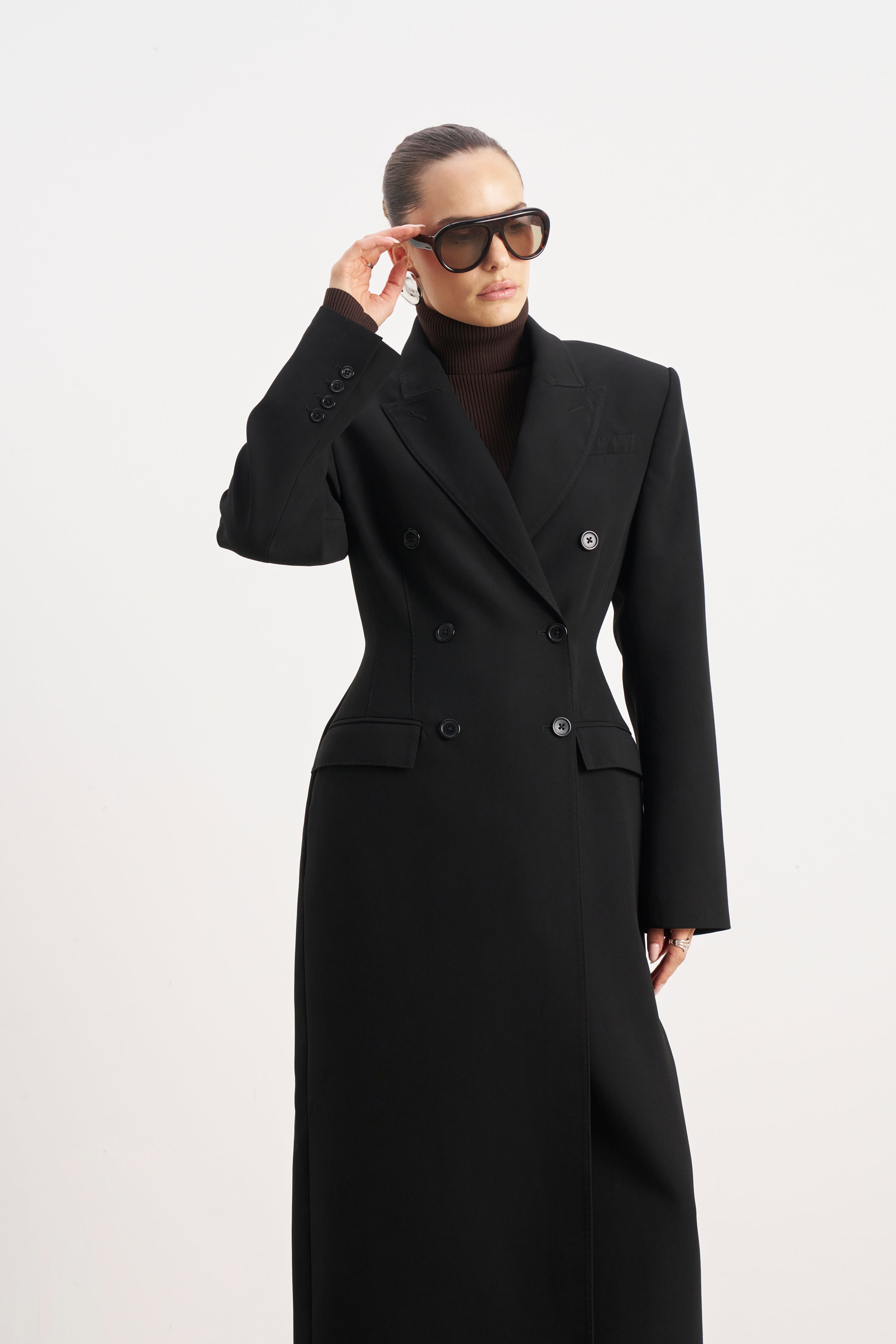 Structured Double Breasted Hourglass Coat - Black