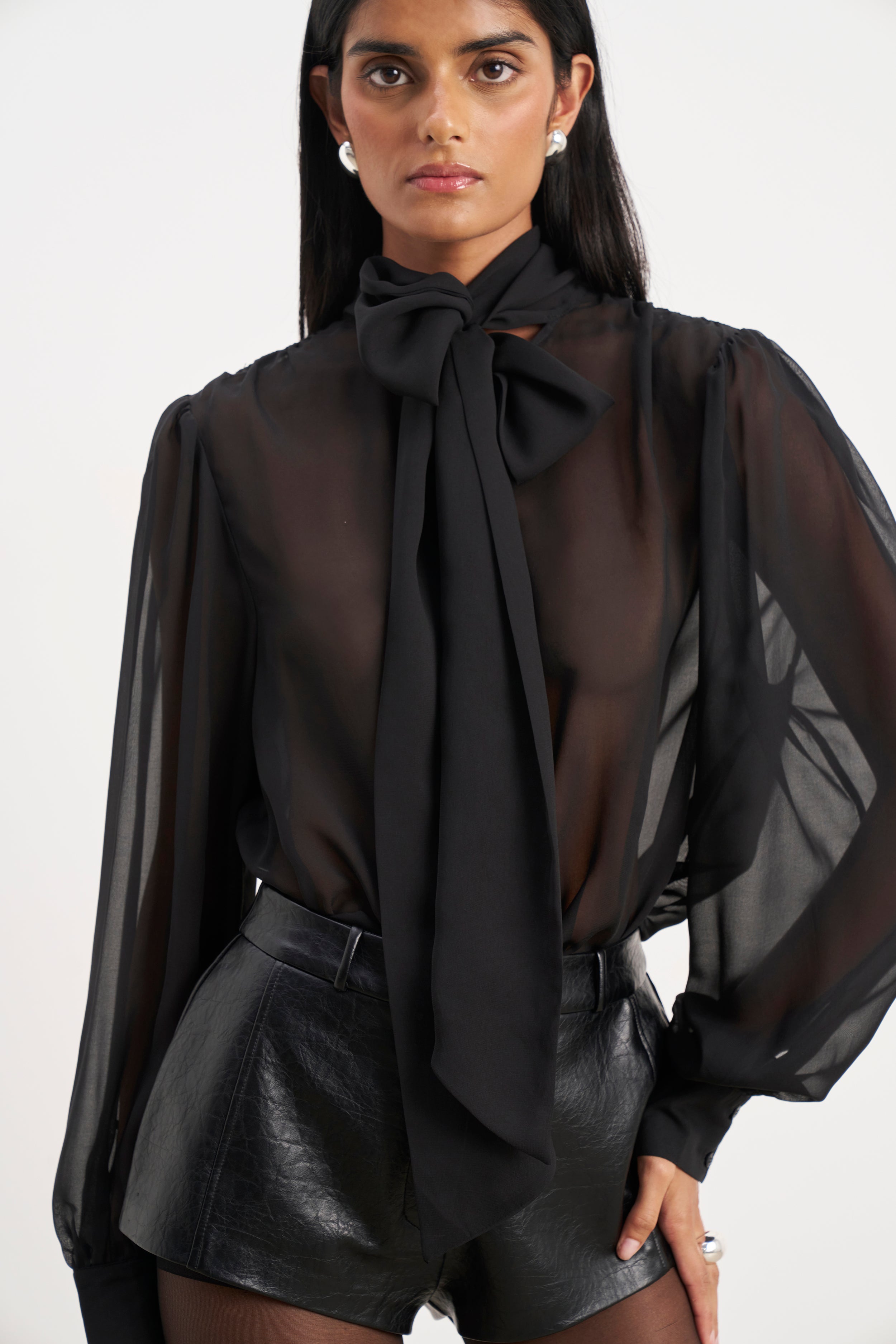Sheer Chiffon Tie Neck Blouse - Black