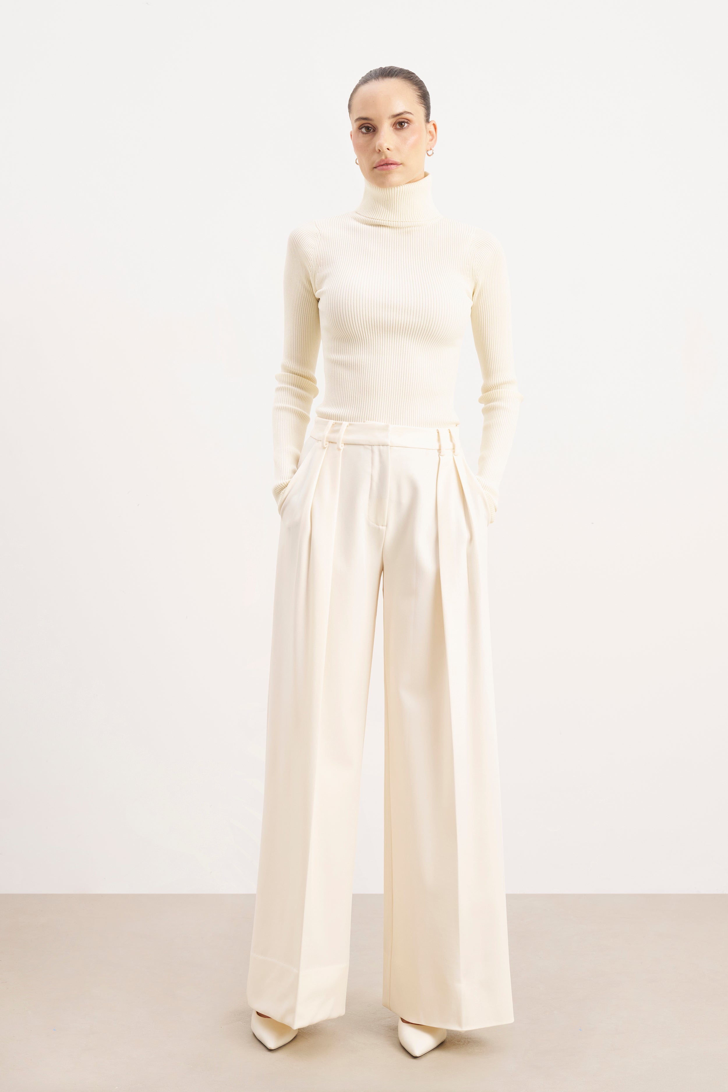 Ribbed Knit Turtleneck Jumper - Cream