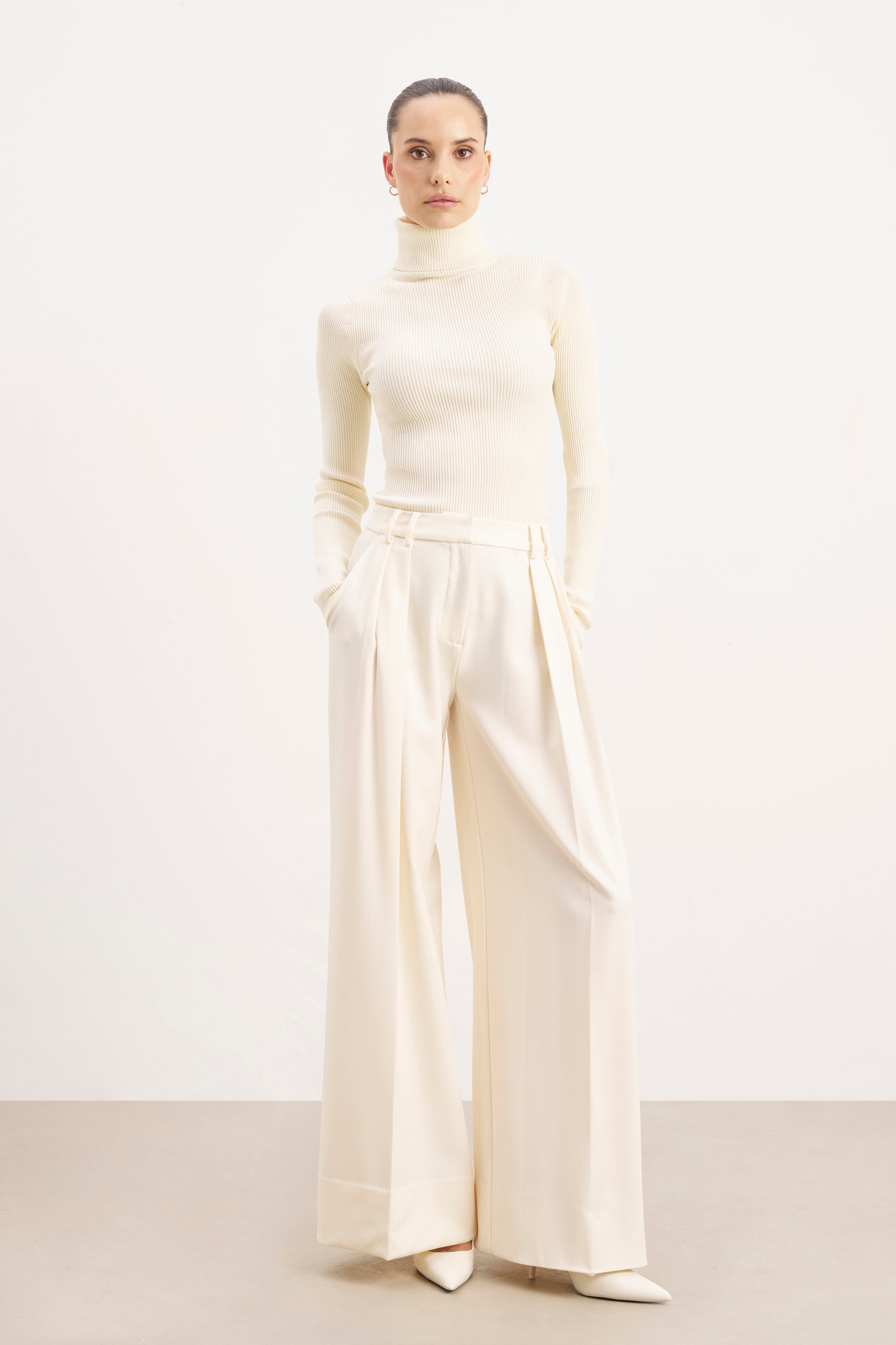 Ribbed Knit Turtleneck Jumper - Cream