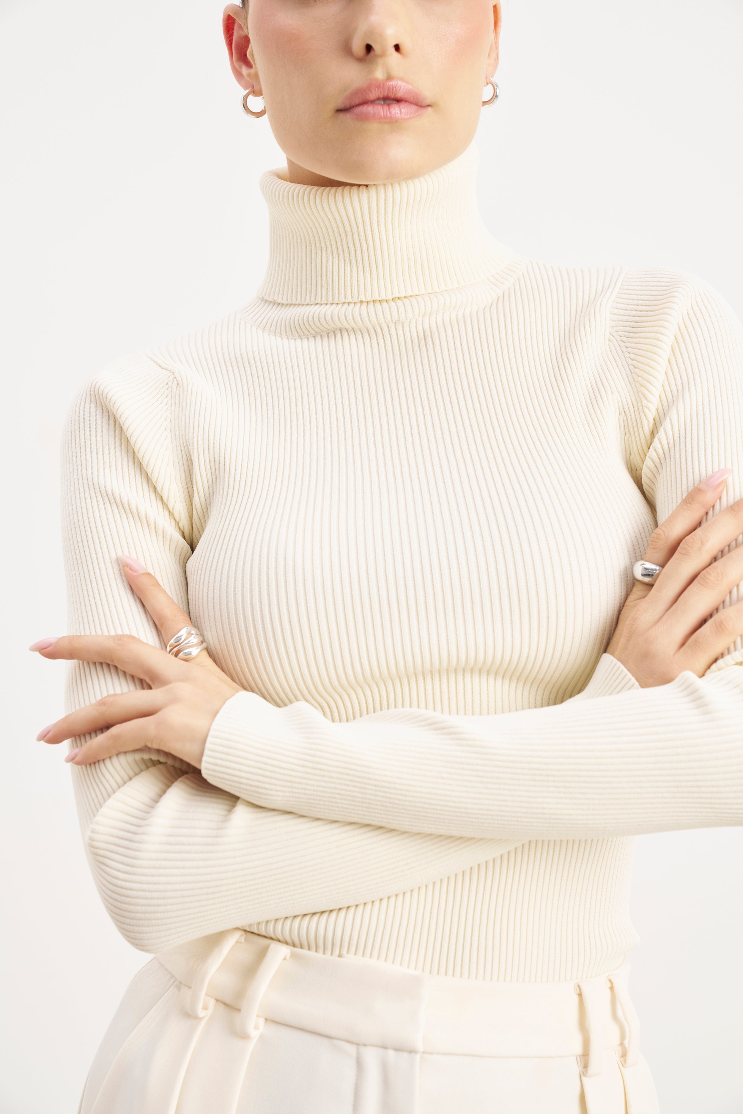 Ribbed Knit Turtleneck Jumper - Cream