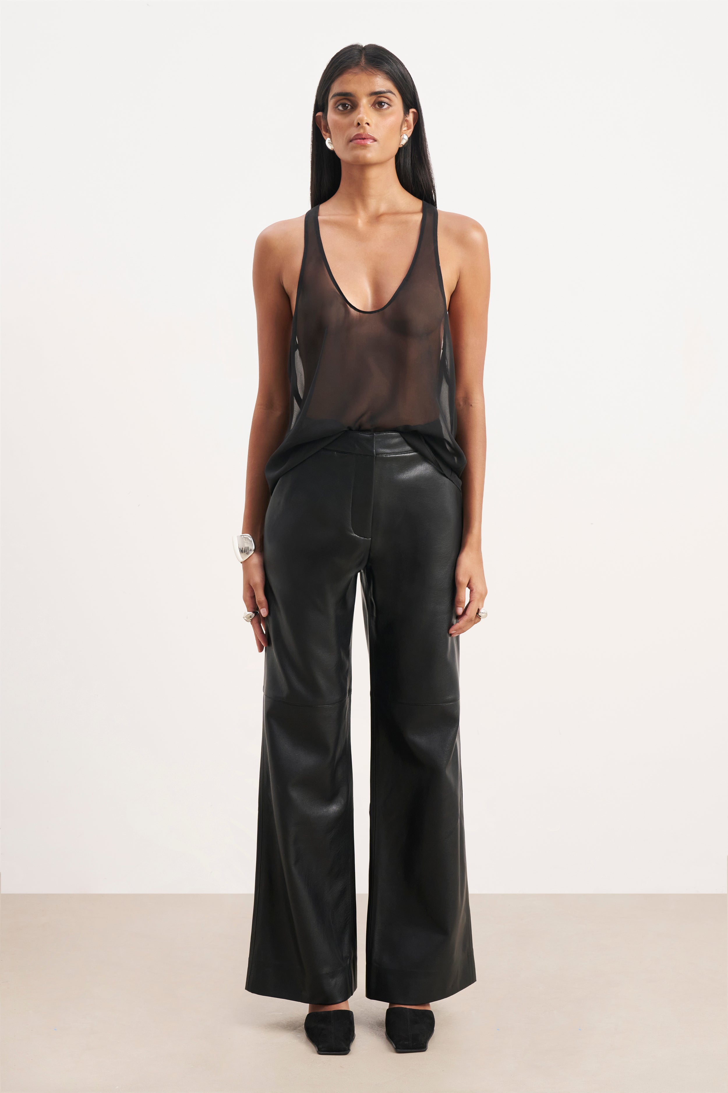 Tailored Leather Wide Leg Trousers - Black