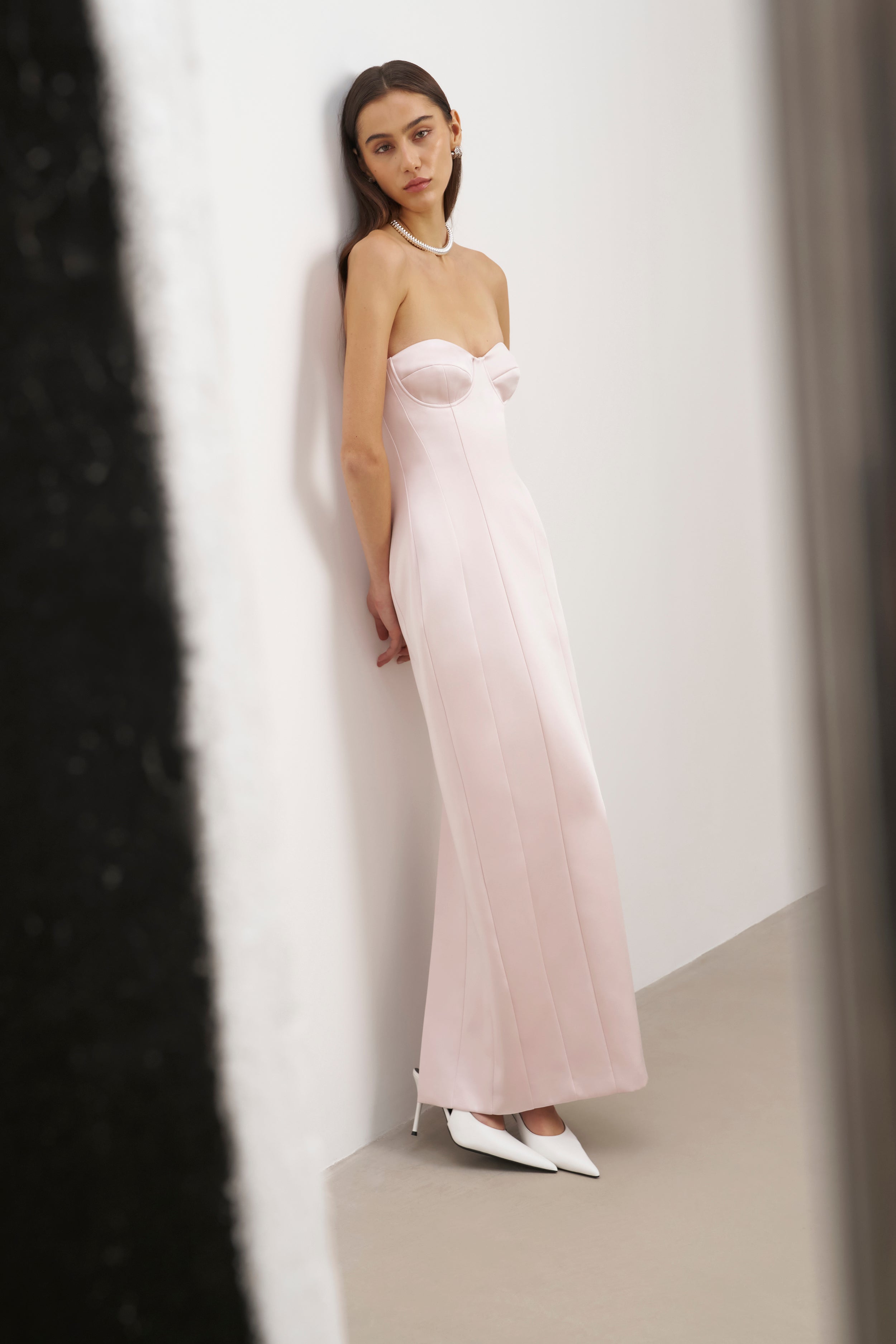 Satin Column Corset Maxi Dress - Blush