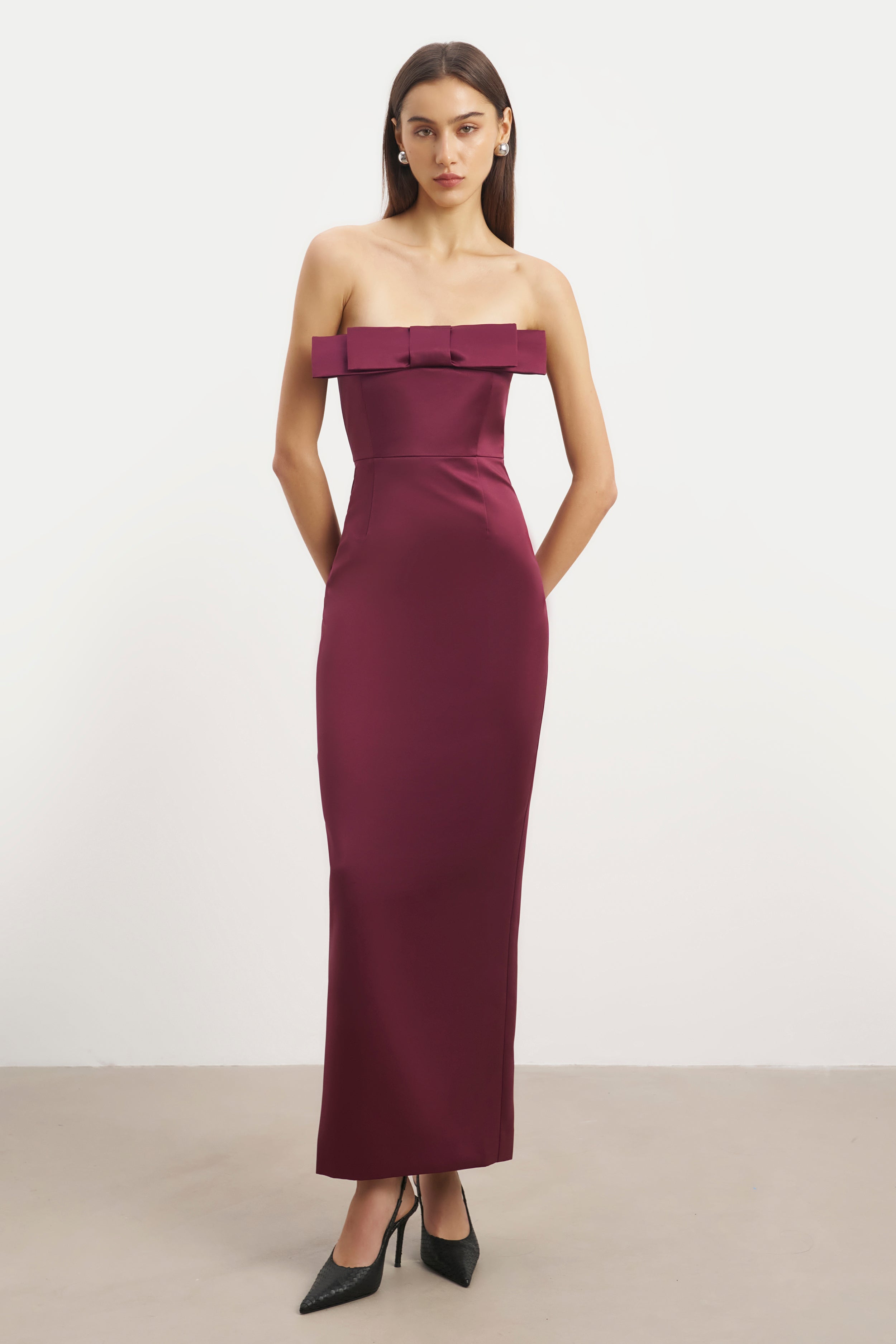 Satin Column Maxi Dress with Bow Detail - Mulberry