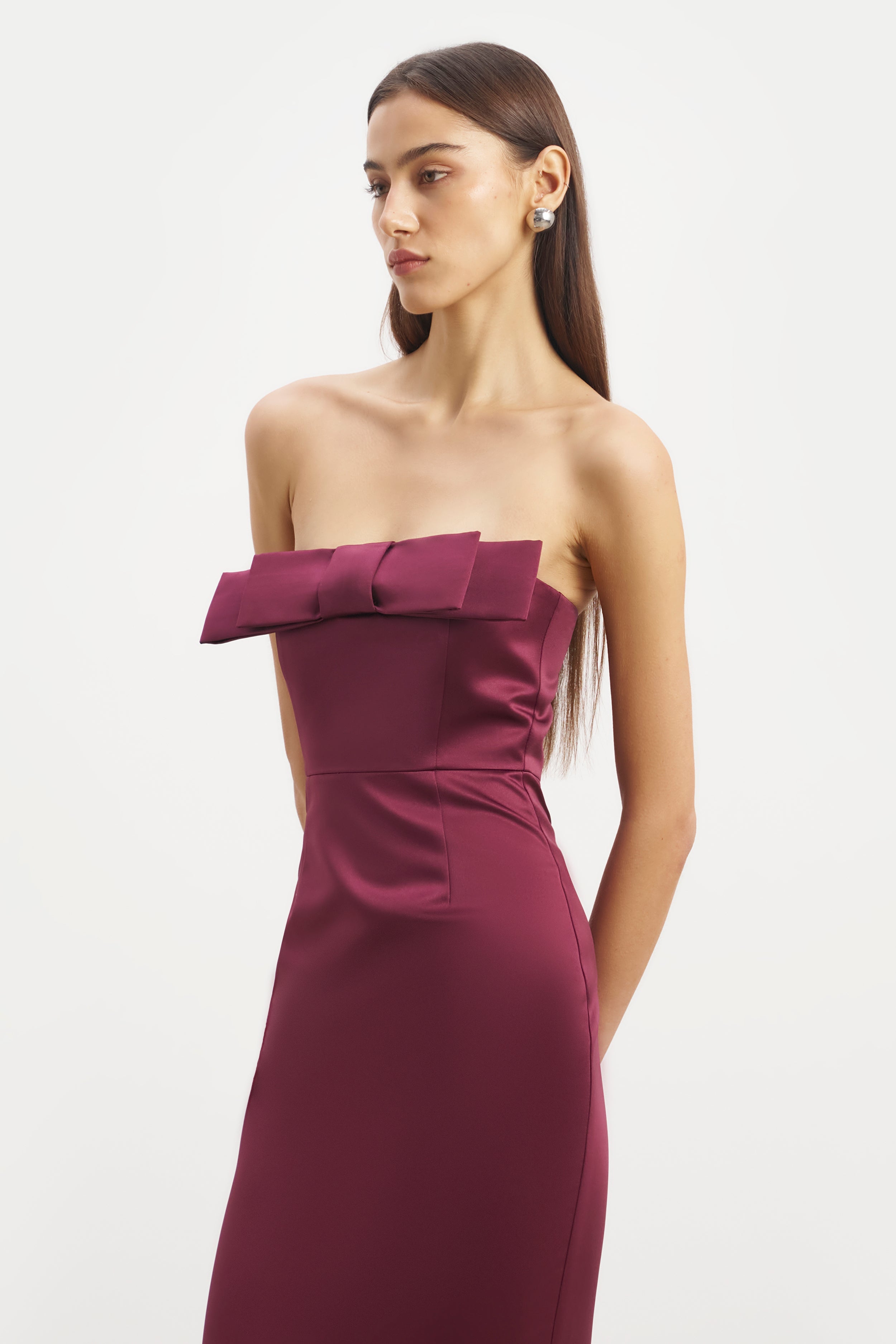 Satin Column Maxi Dress with Bow Detail - Mulberry