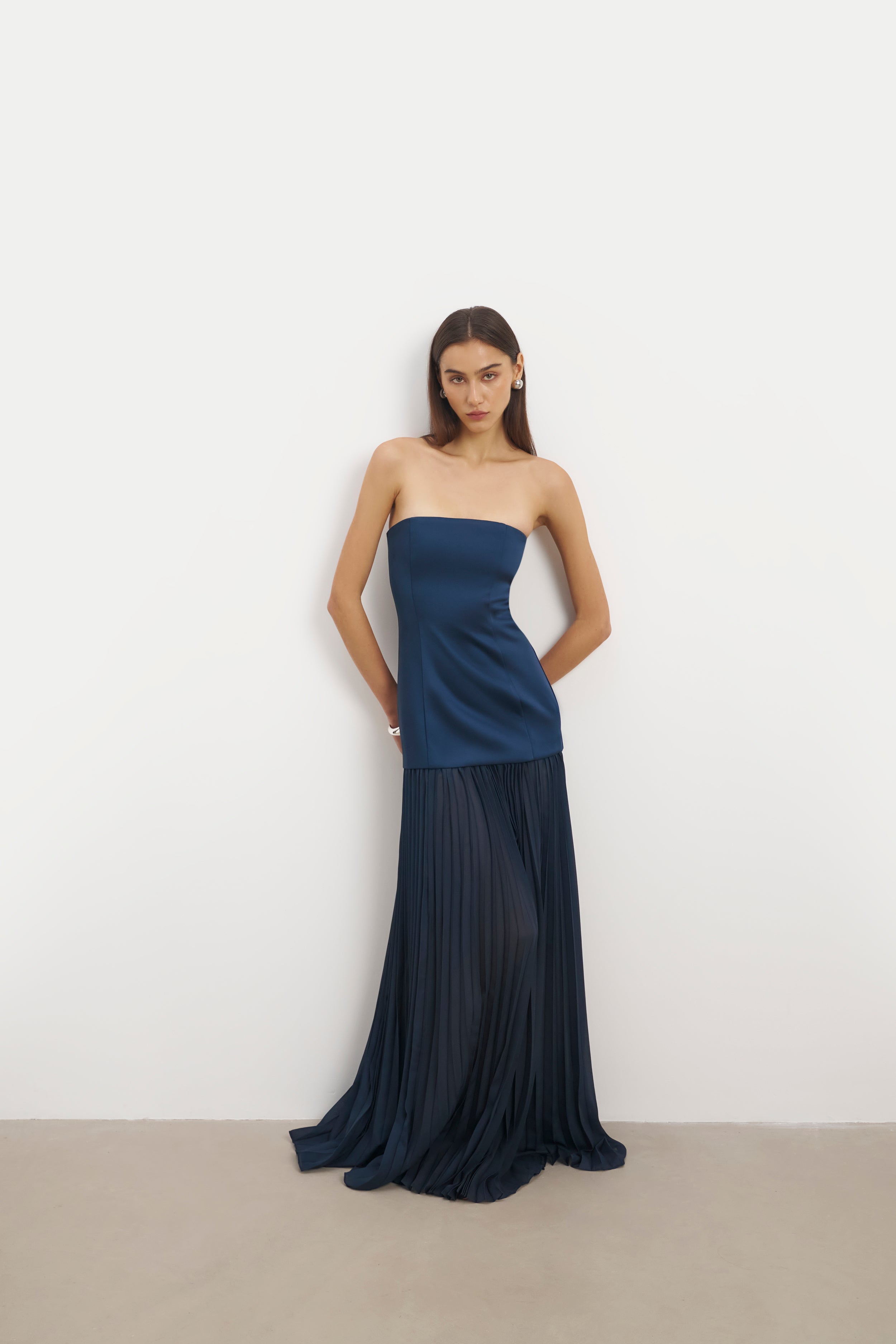 Satin Structured Bodice Gown - Navy