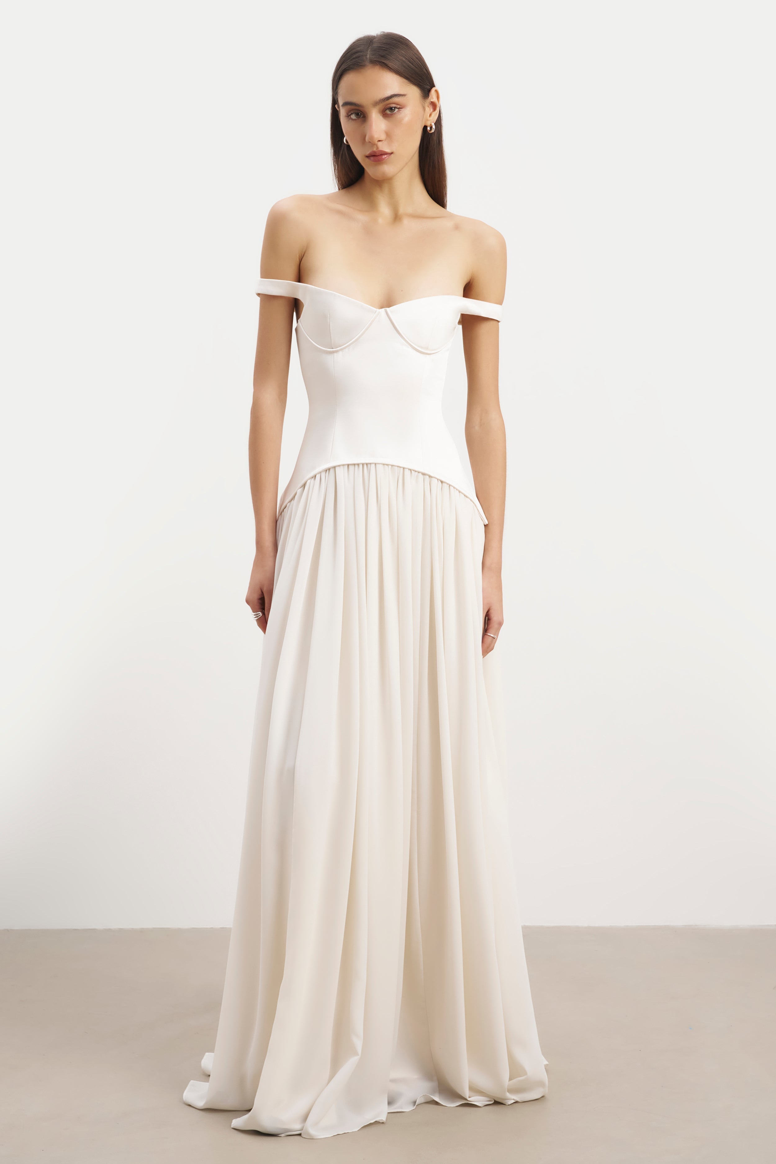 off the shoulder corset maxi dress Sheer Luck Aurora Off-Shoulder MeshStretchy Corset Maxi Dress (White) M