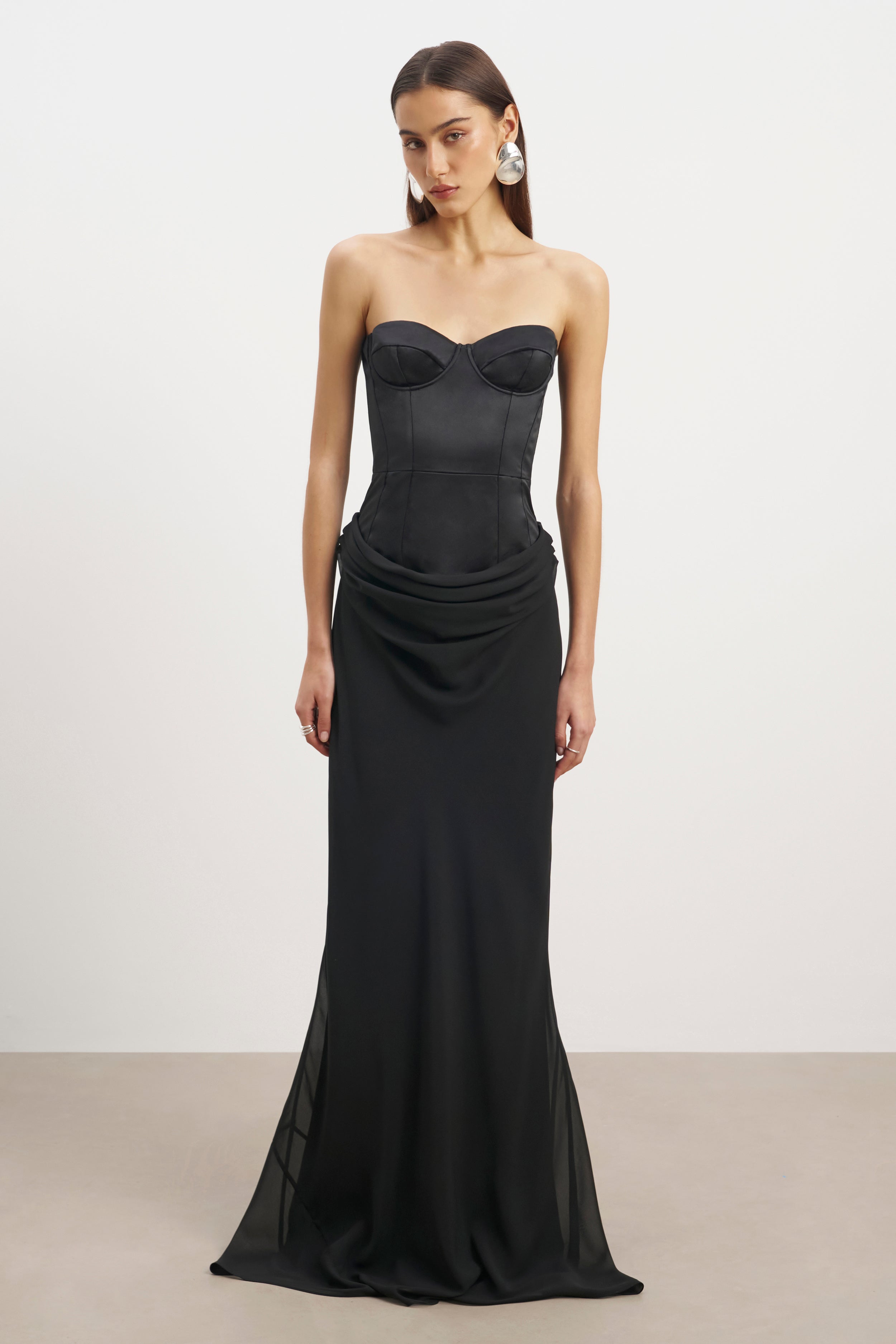 Satin Corset Gown with Draped Hip - Black | BOA US Satin Corset Gown with Draped Hip - Black | BOA US