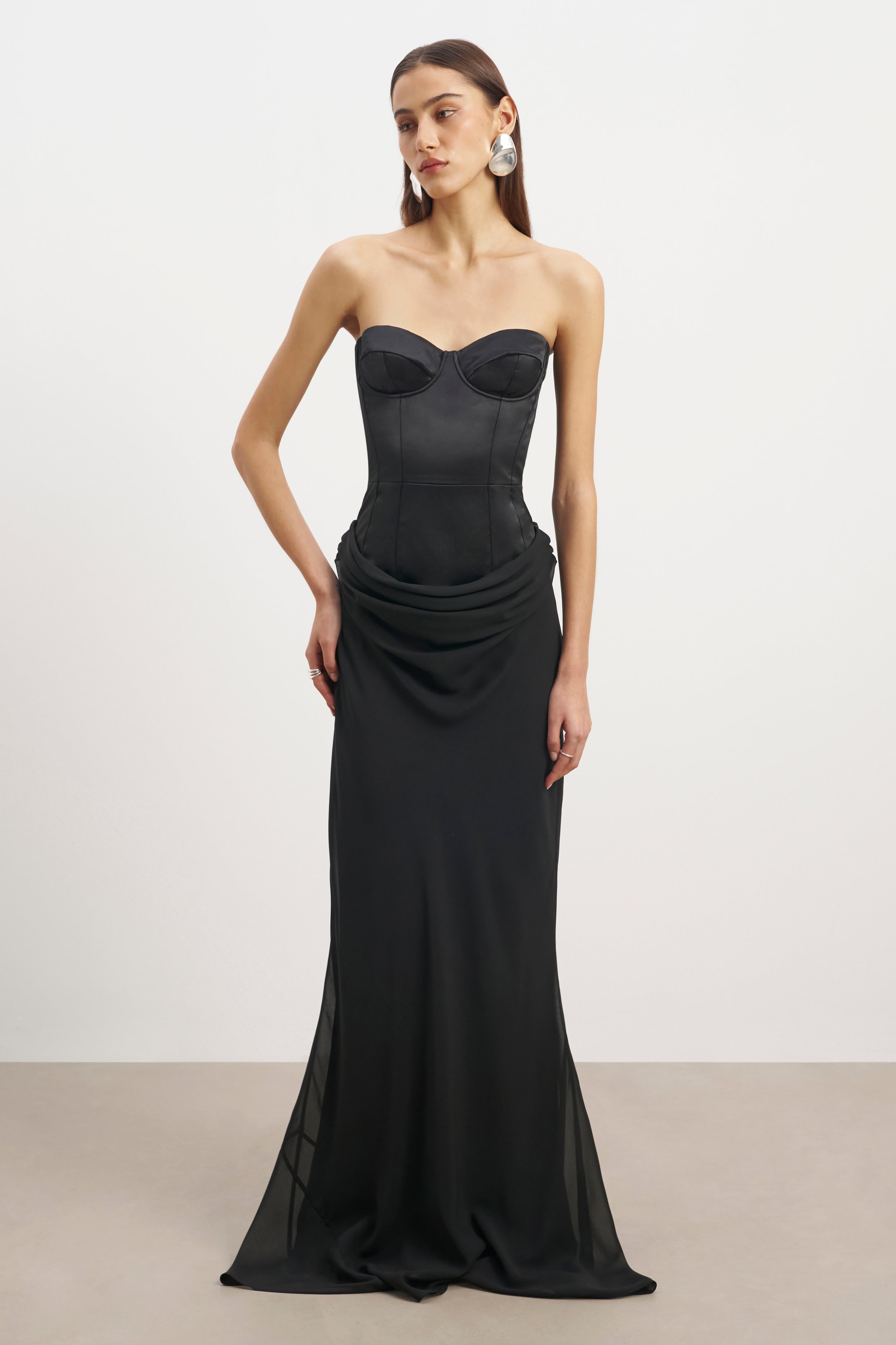 Satin Corset Gown with Draped Hip - Black