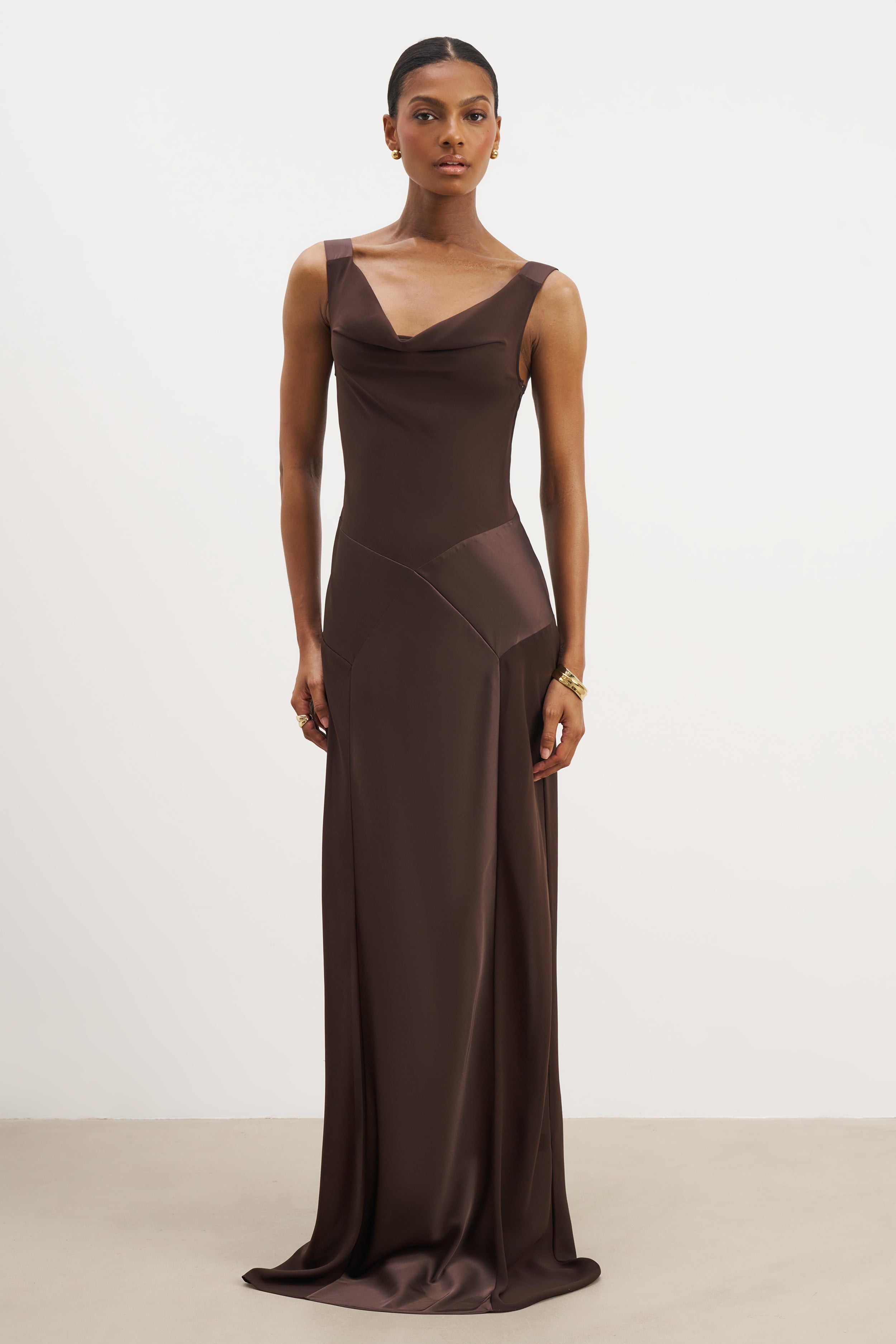 Cowl Neck Satin Panel Gown - Carob