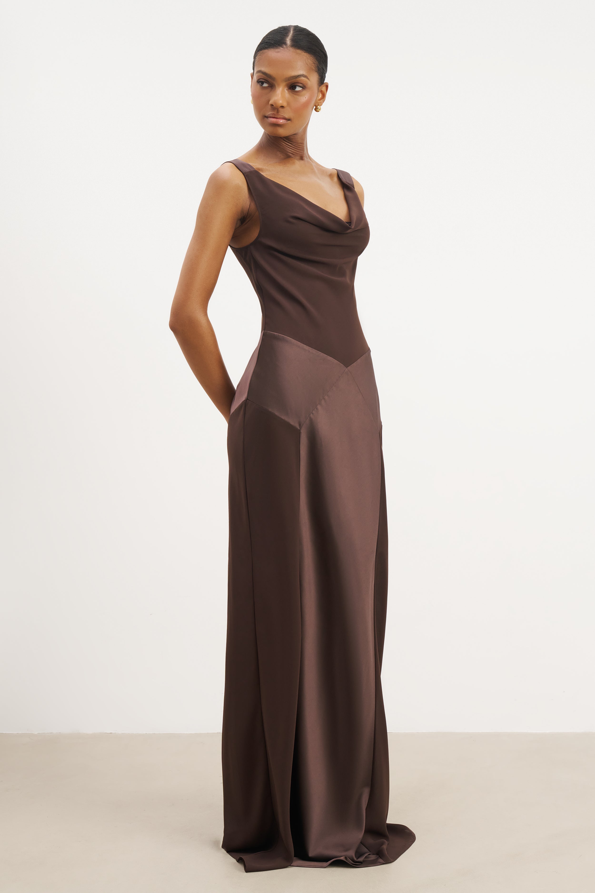Cowl Neck Satin Panel Gown - Carob