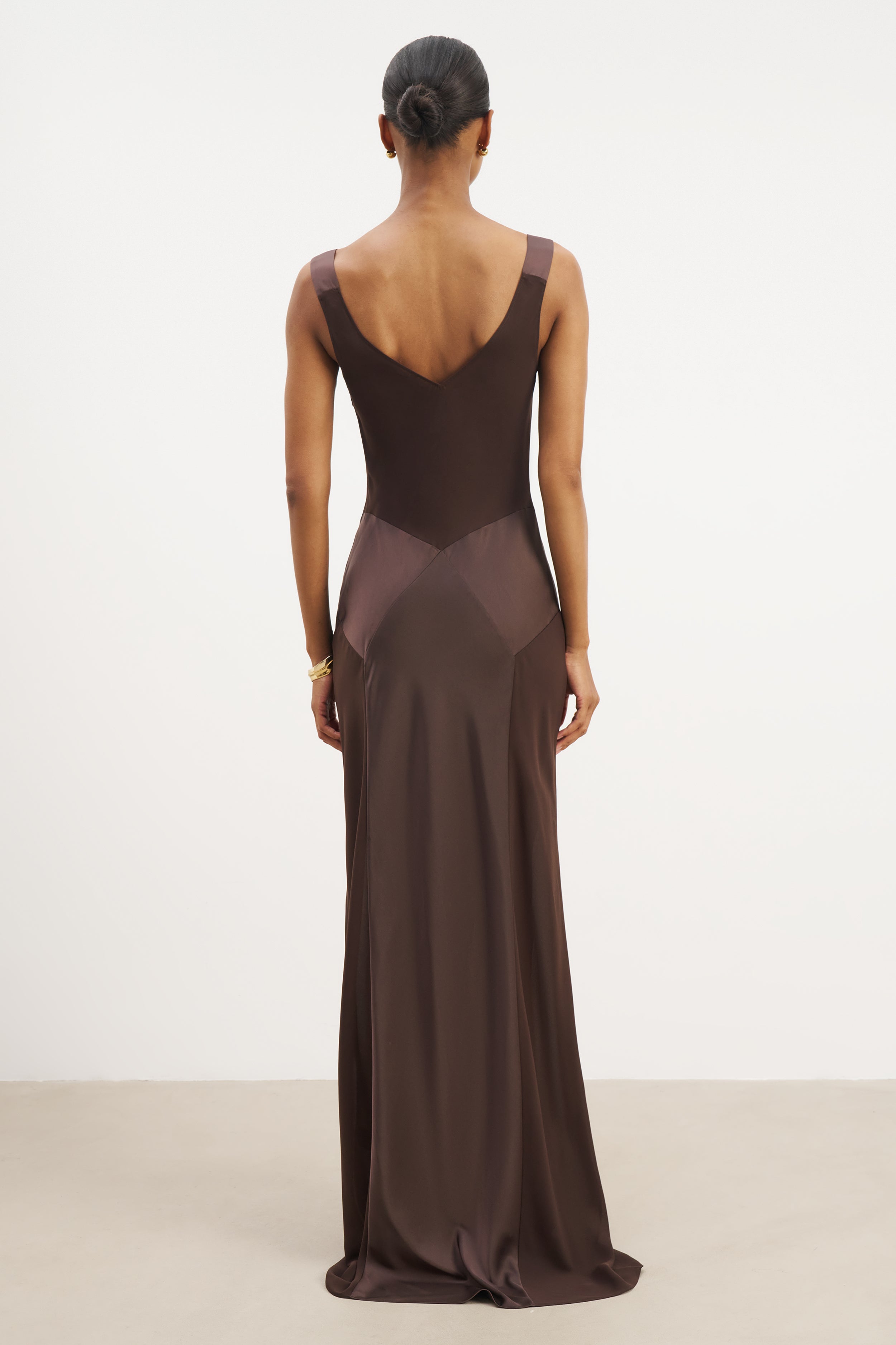 Cowl Neck Satin Panel Gown - Carob