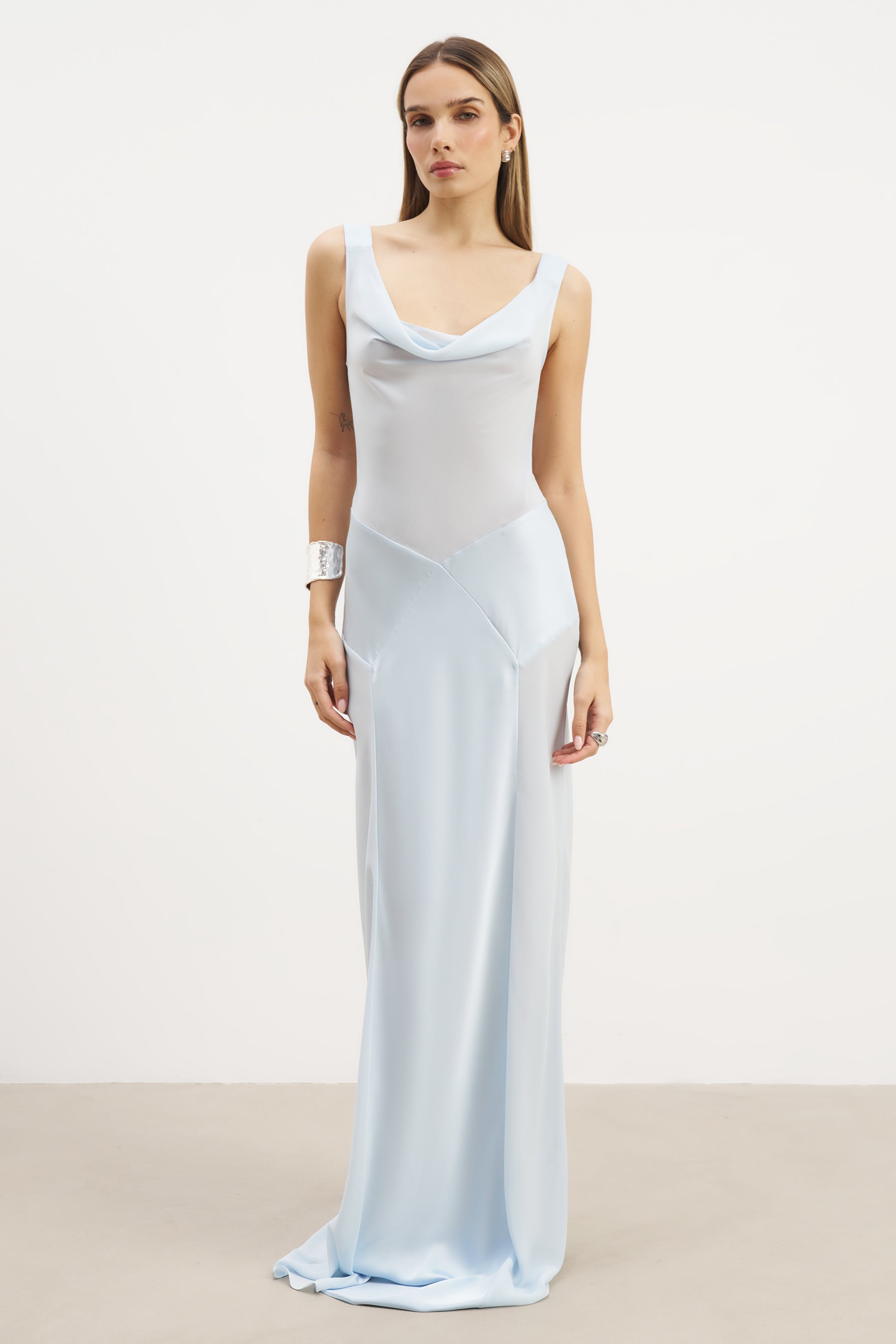 Sheer Chiffon Cowl Neck Satin Panel Gown - Powder Blue | BOA US Sheer Chiffon Cowl Neck Satin Panel Gown - Powder Blue | BOA US