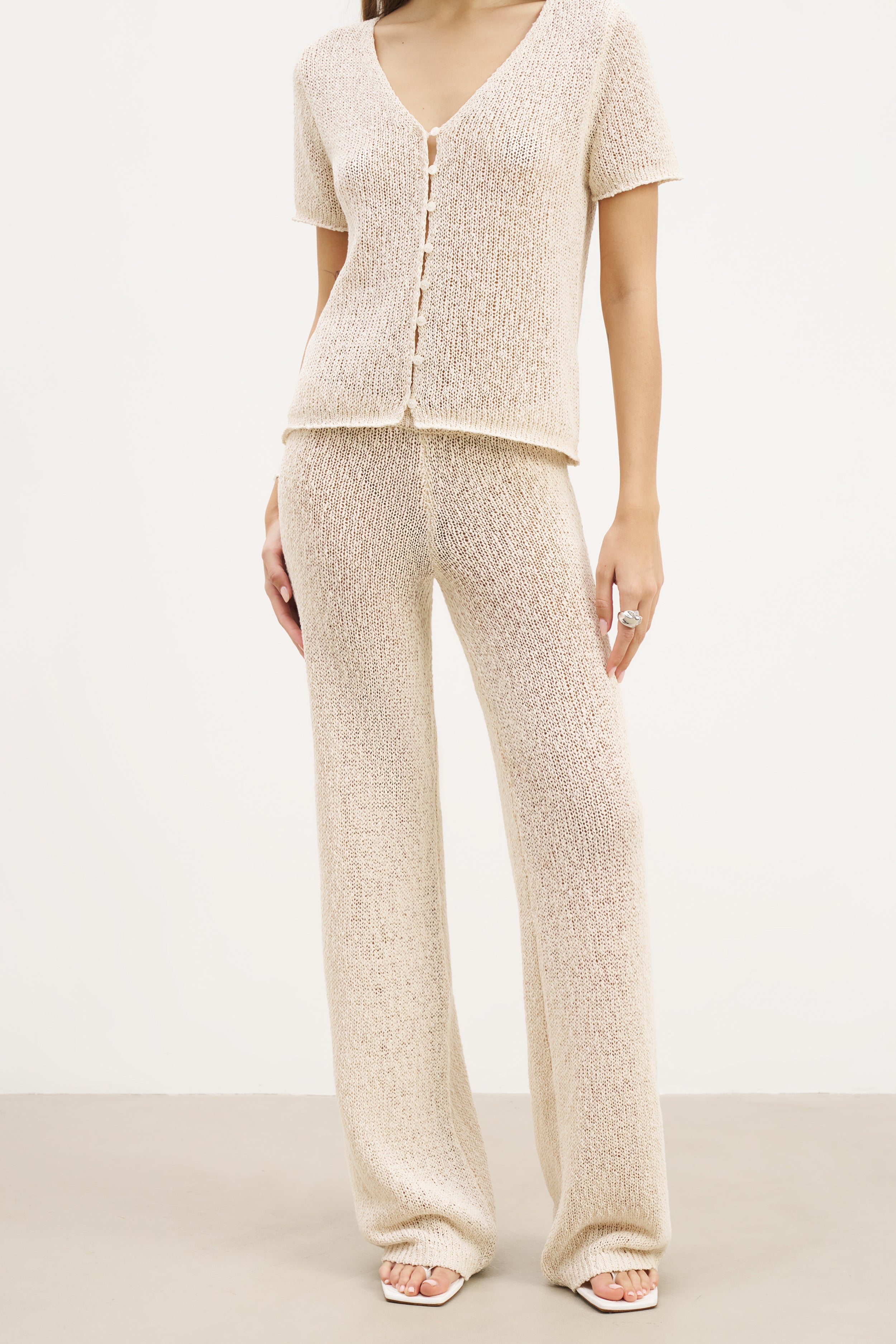 Crochet Knit Wide Leg Trousers - Cream