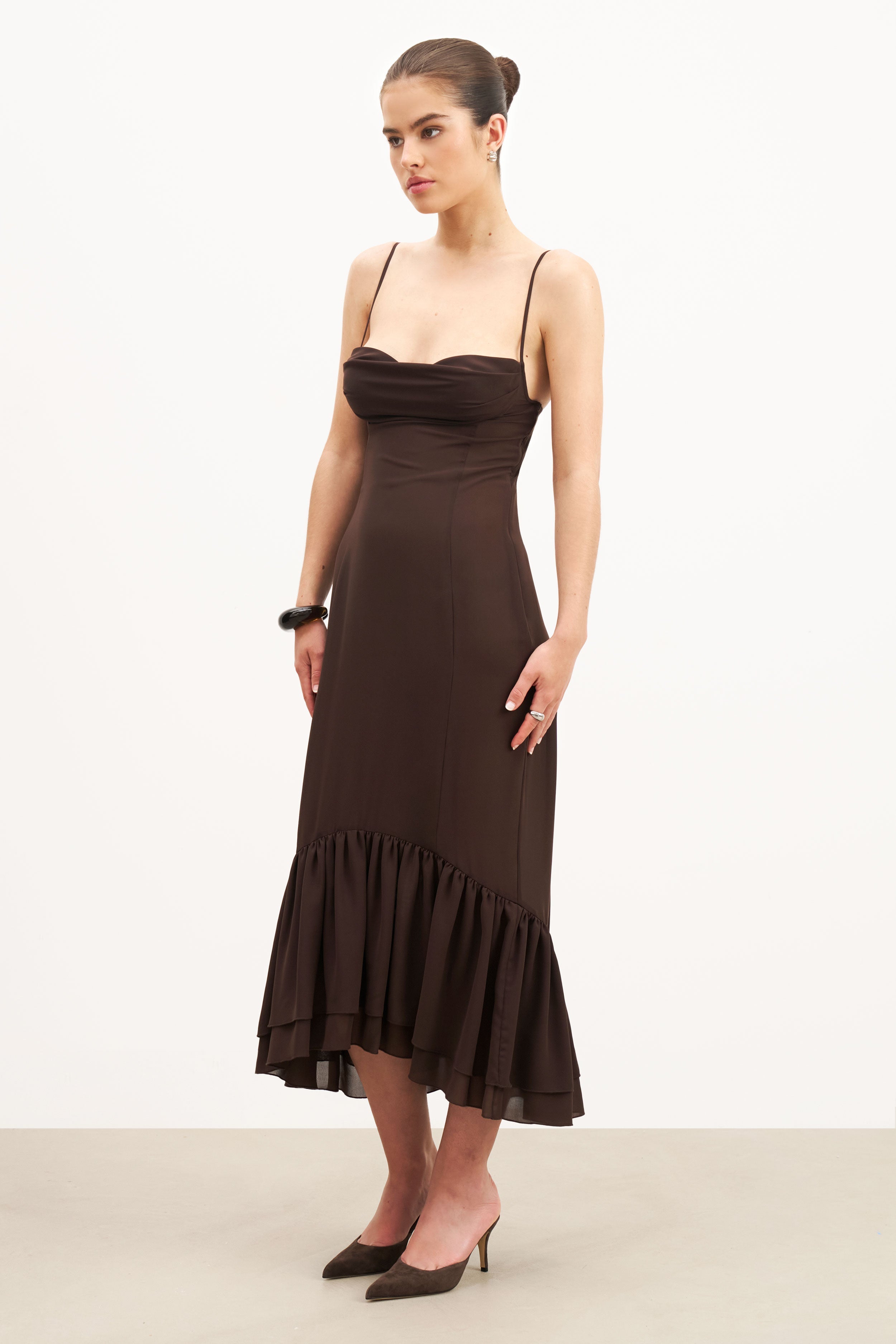 Chiffon Ruffle Ruched Bust Midi Dress - Carob