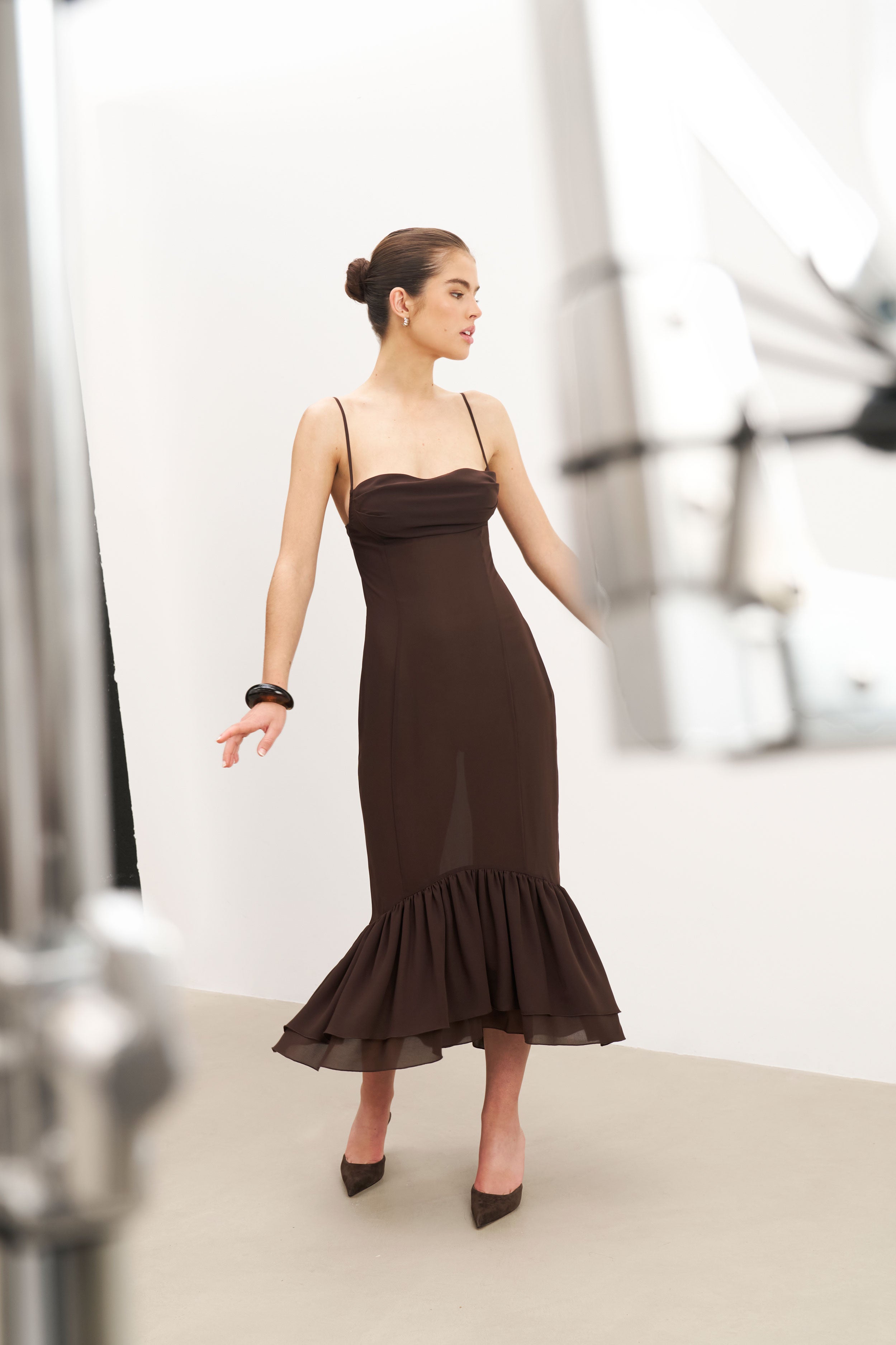 Chiffon Ruffle Ruched Bust Midi Dress - Carob