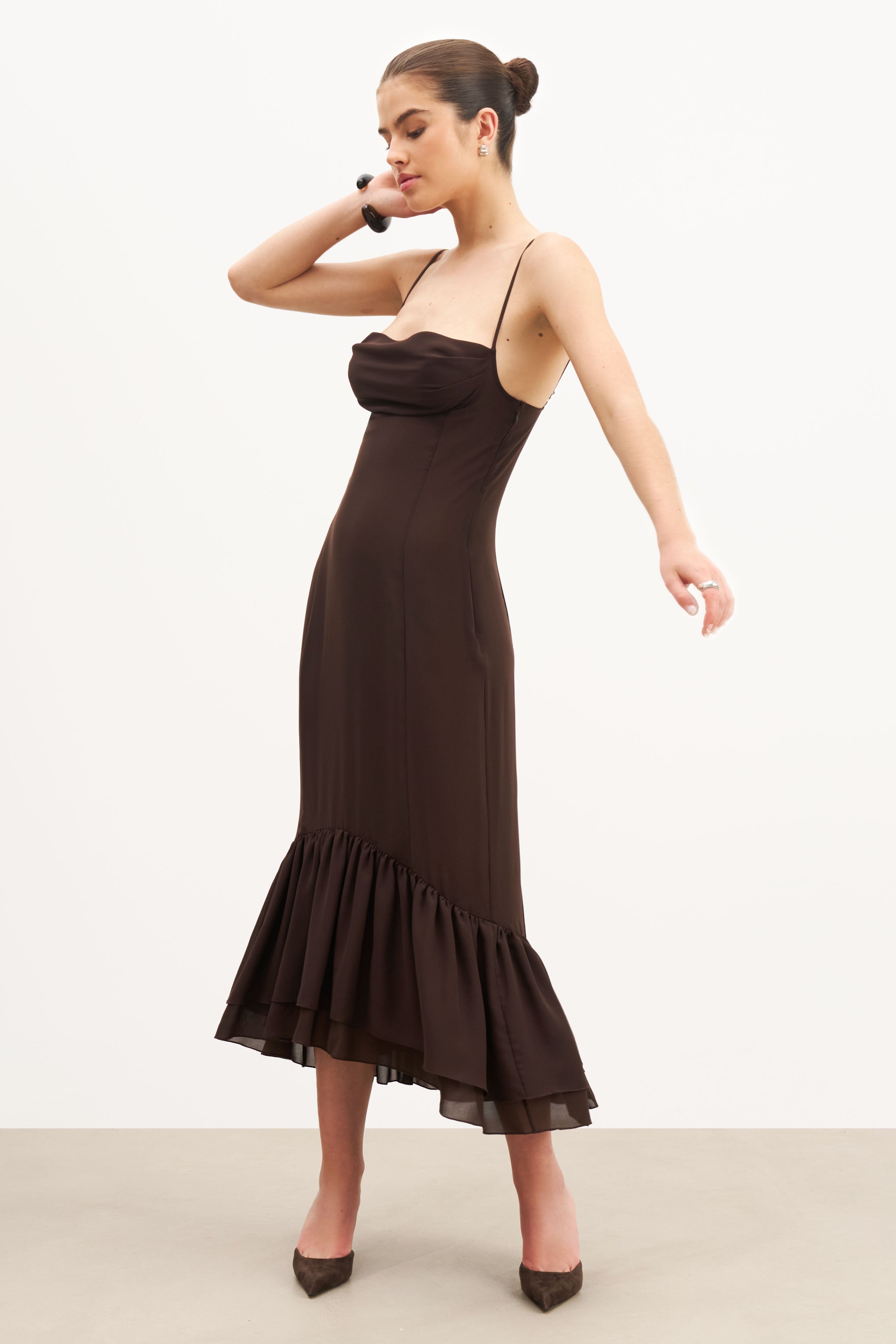 Chiffon Ruffle Ruched Bust Midi Dress - Carob