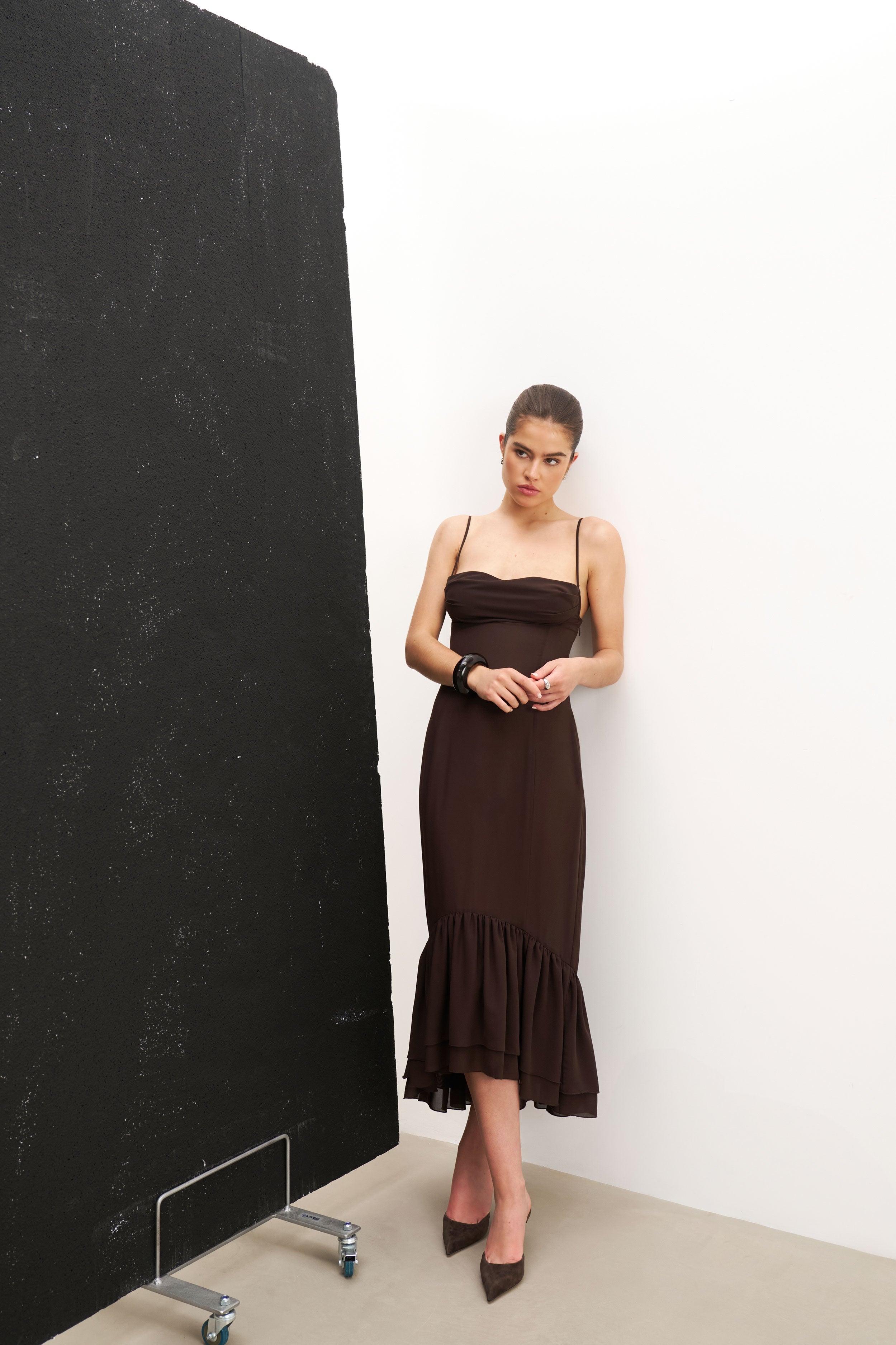 Chiffon Ruffle Ruched Bust Midi Dress - Carob