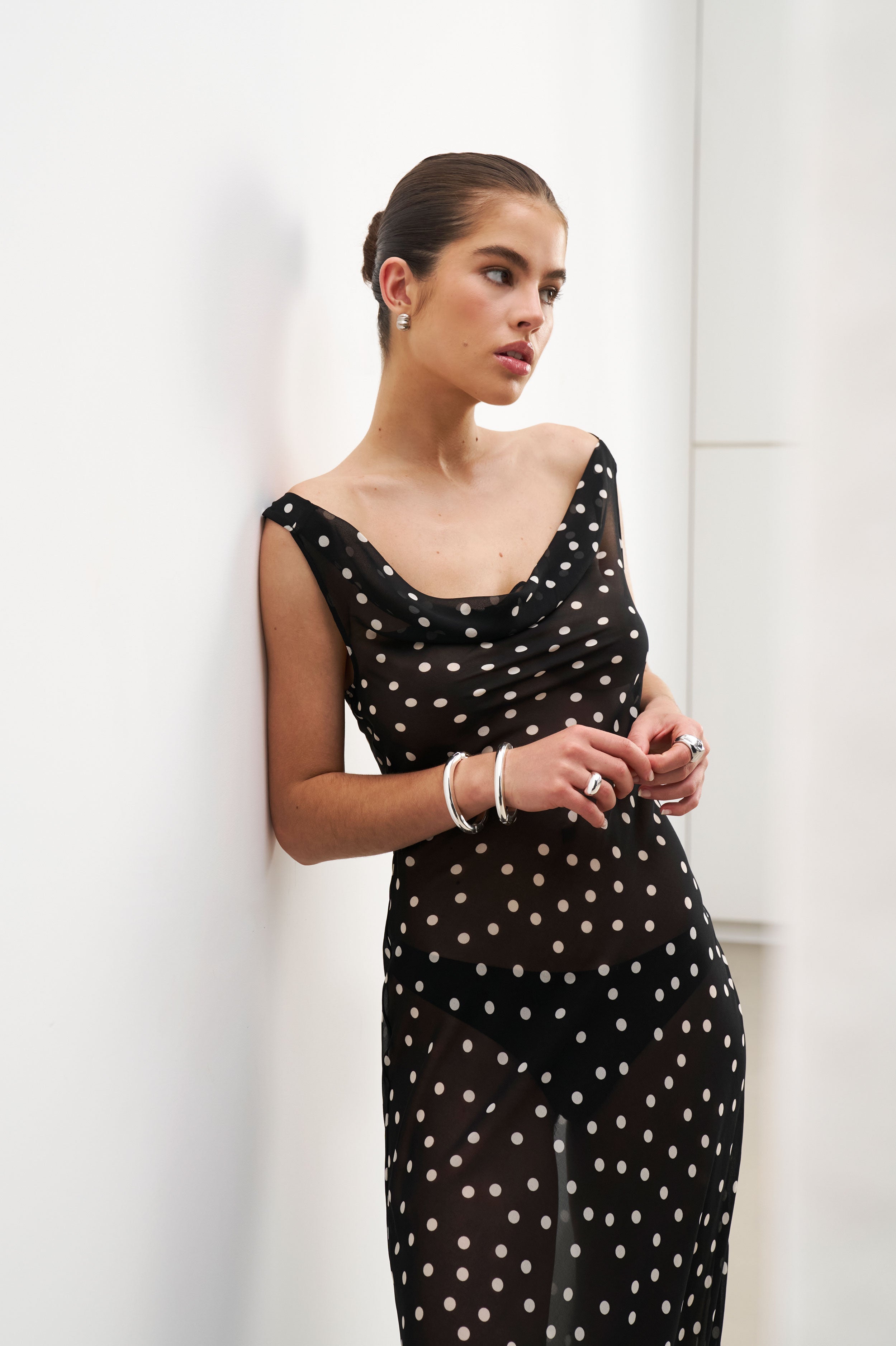 Chiffon Cowl Neck Gown - Maxi Polka Dot