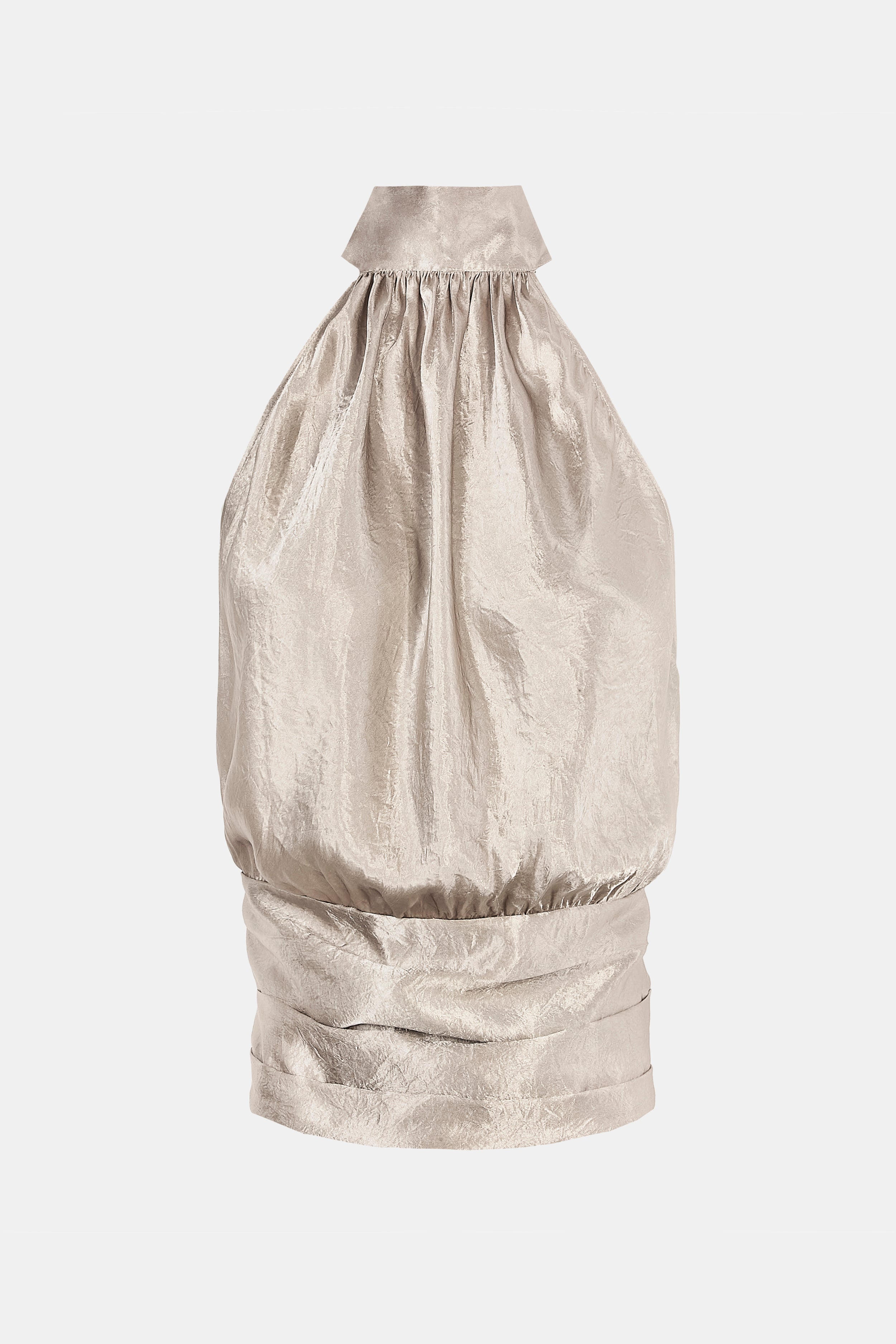 Crushed Satin Backless Halterneck Top - Pebble